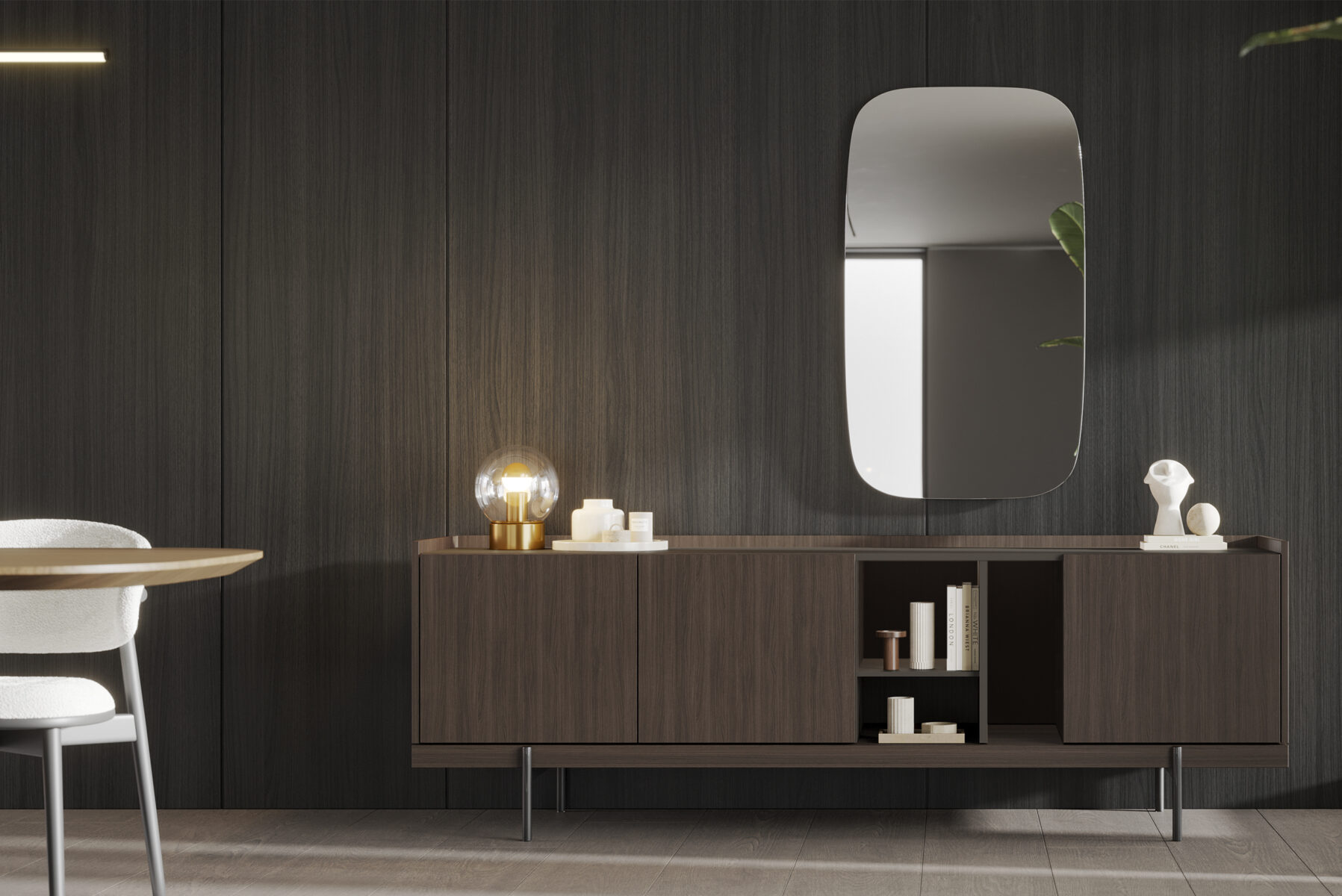 Sleek dark wood sideboard with modern decor, mirror, and table lamp in contemporary living room setting.