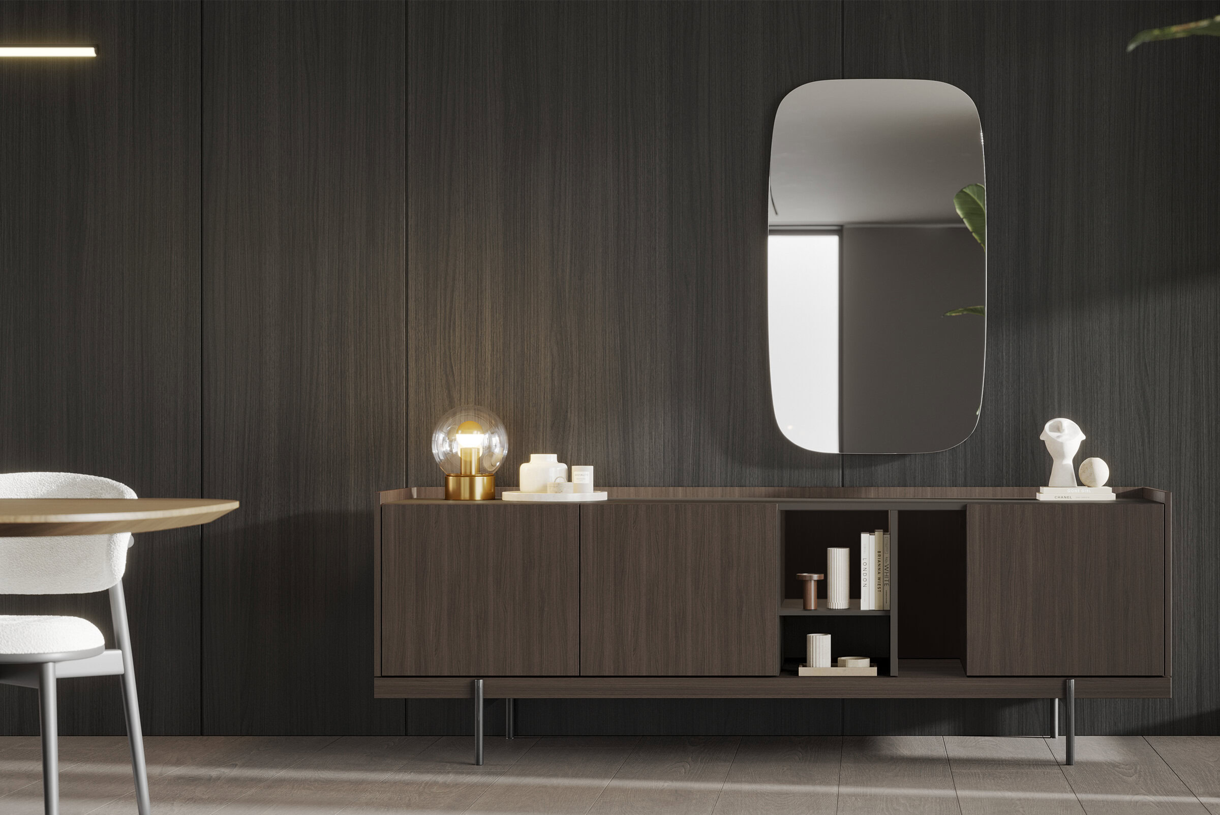 Sleek dark wood sideboard with modern decor, mirror, and table lamp in contemporary living room setting.