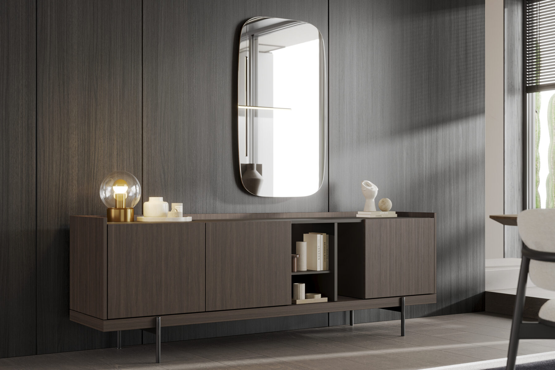 Sleek modern wooden sideboard with open shelving and decorative accessories in a contemporary interior.