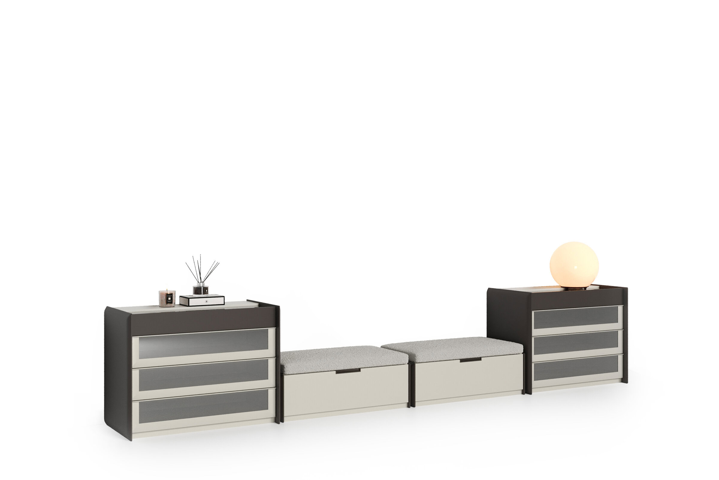Black and beige modern modular storage units with cushioned seats, ideal for contemporary living room decor, featuring sleek design and functional drawers for stylish storage solutions.