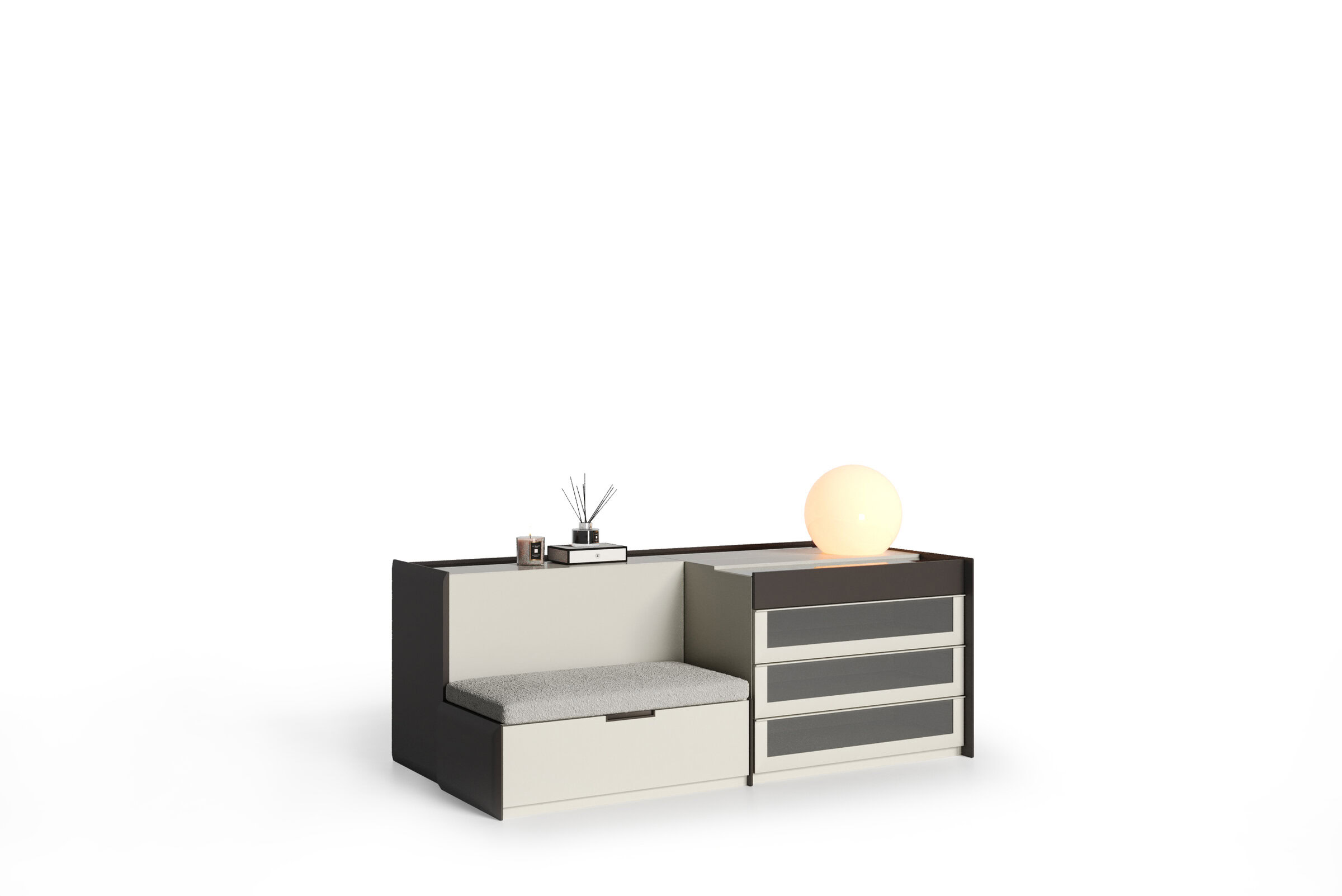 Contemporary modern furniture storage bench with drawers and a padded seat, ideal for living rooms or hallways. Sleek design blending functionality with stylish decor.