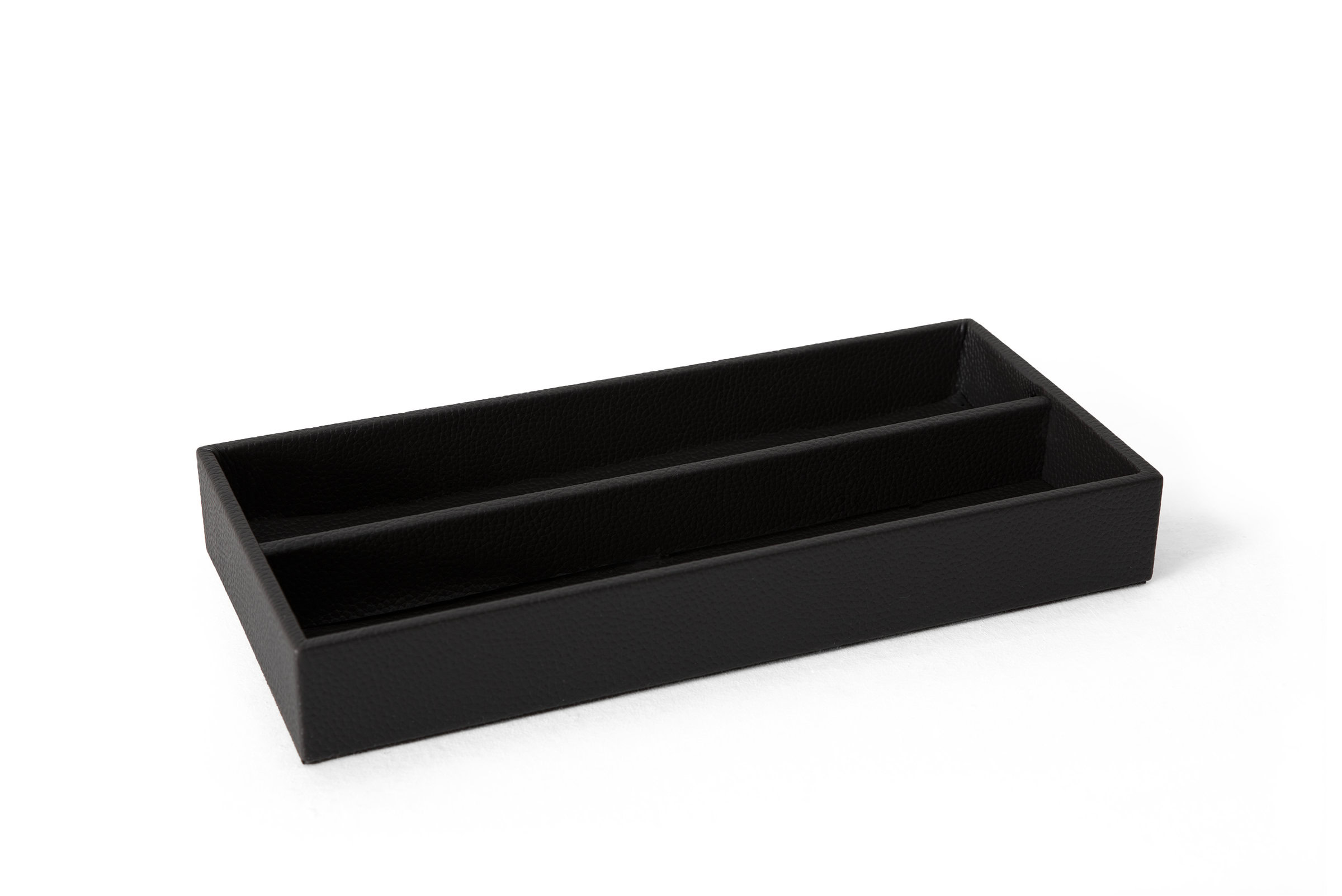 Black rectangular storage tray ideal for organizing office supplies, kitchen essentials, or bathroom accessories with a sleek, minimalist design.