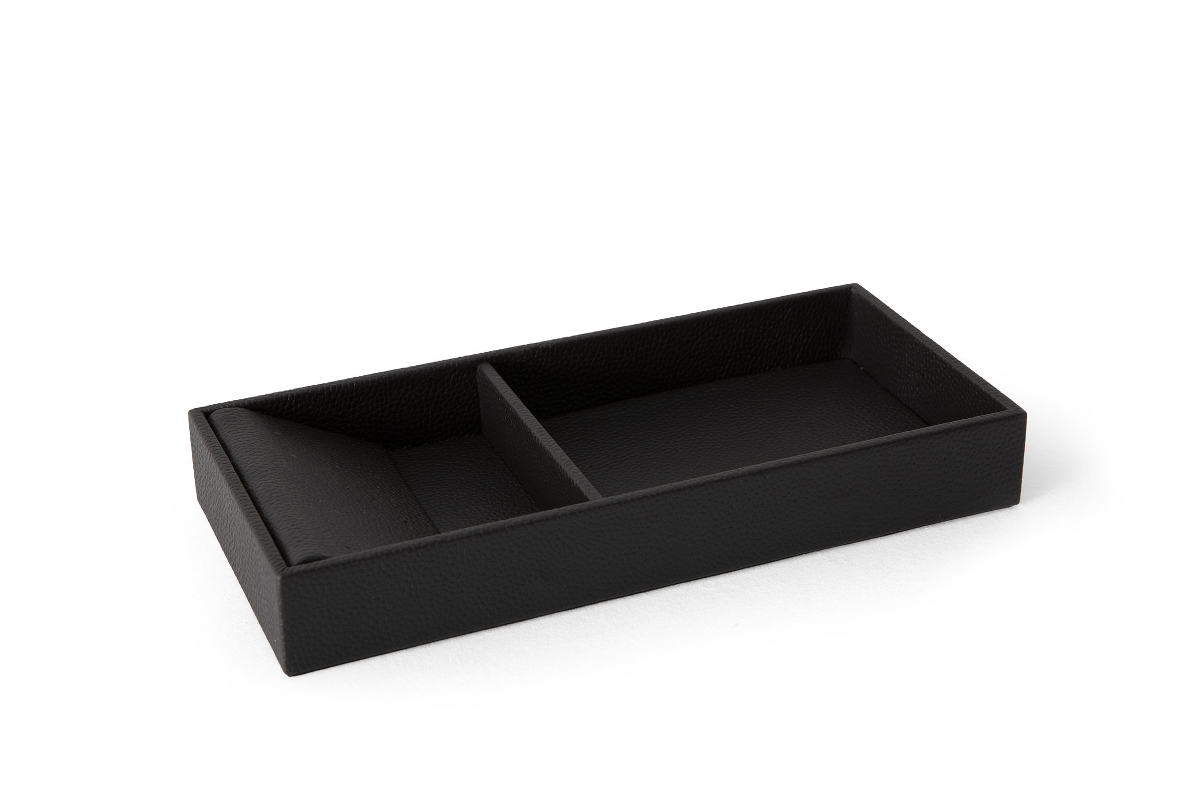 Sleek black desk organizer with compartments for office supplies, ideal for keeping your workspace tidy and organized. Perfect for pens, paper clips, and small accessories.