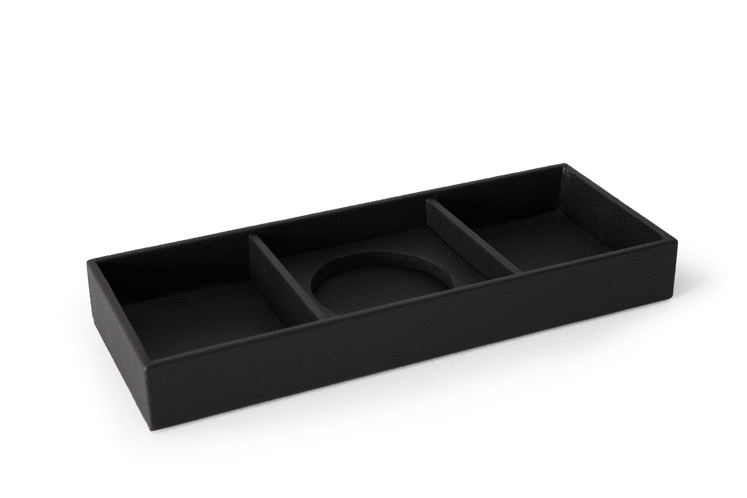 Black desk organizer with multiple compartments for pens, paper clips, and small office essentials, ideal for maintaining a tidy workspace.