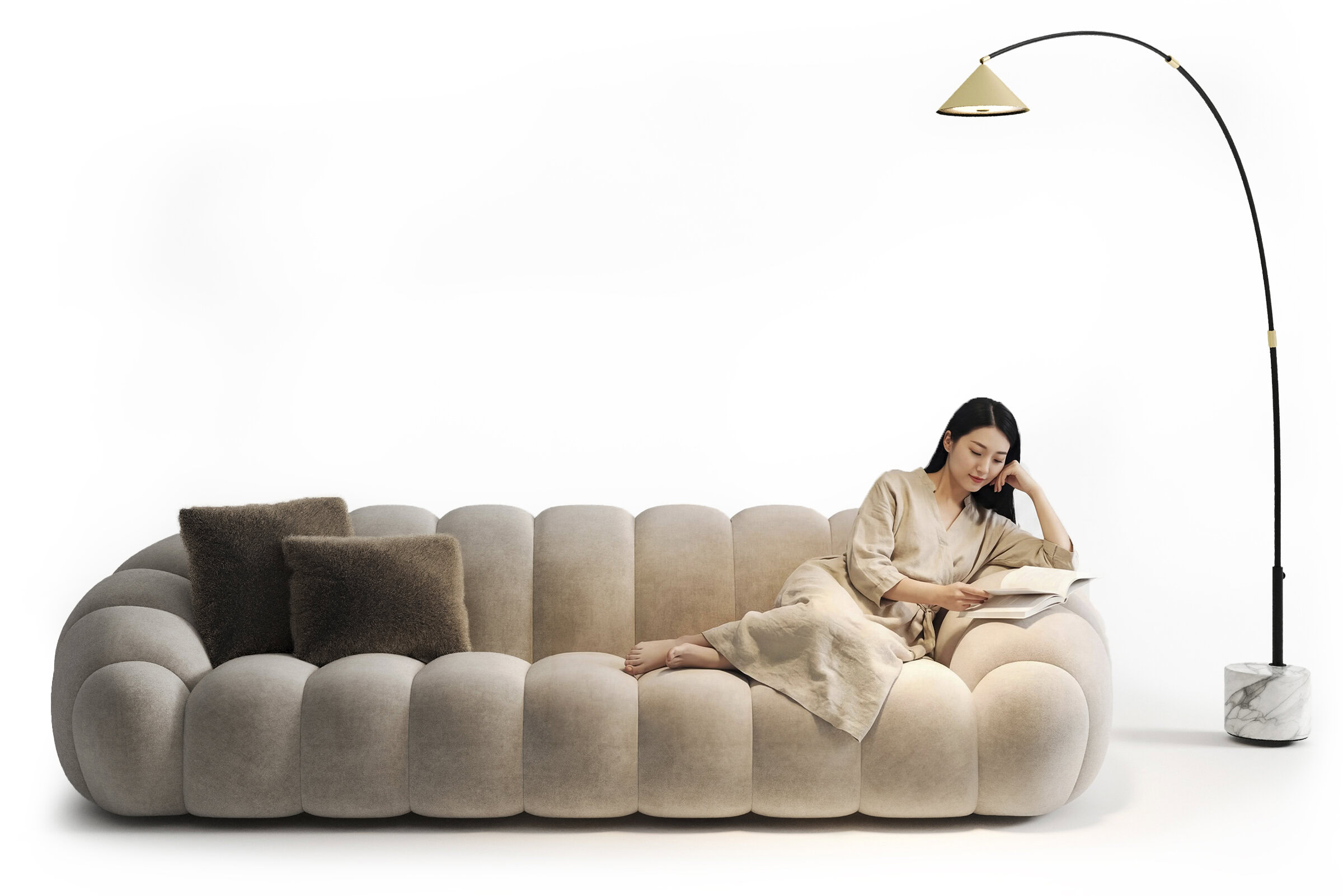 Elegant beige sofa with plush cushions, perfect for contemporary living rooms. Features a stylish marble-based floor lamp providing cozy lighting for reading or relaxing.