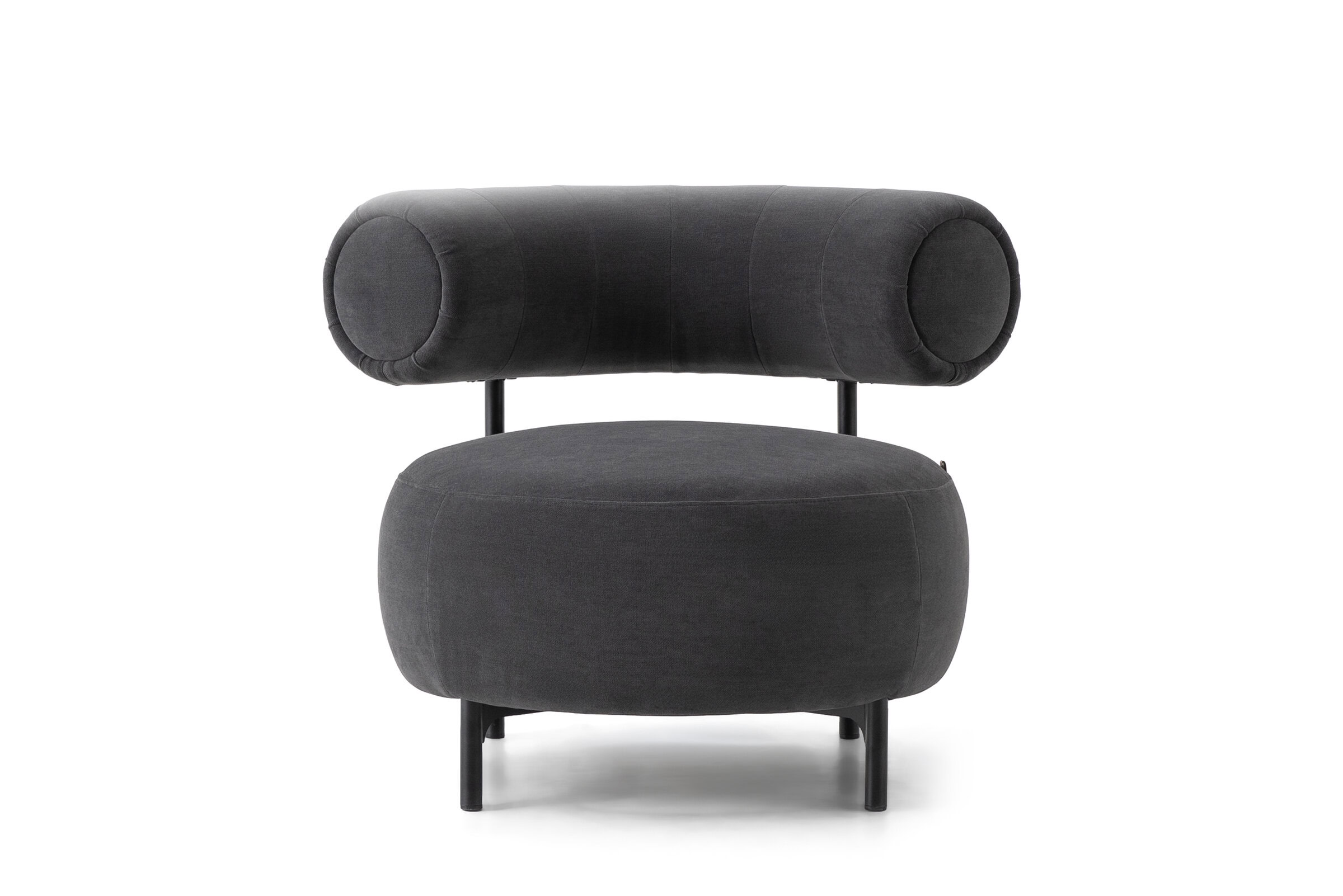 Stylish black lounge chair with unique rounded design, perfect for contemporary living rooms and office spaces. Comfortable seating with a sleek, modern aesthetic.
