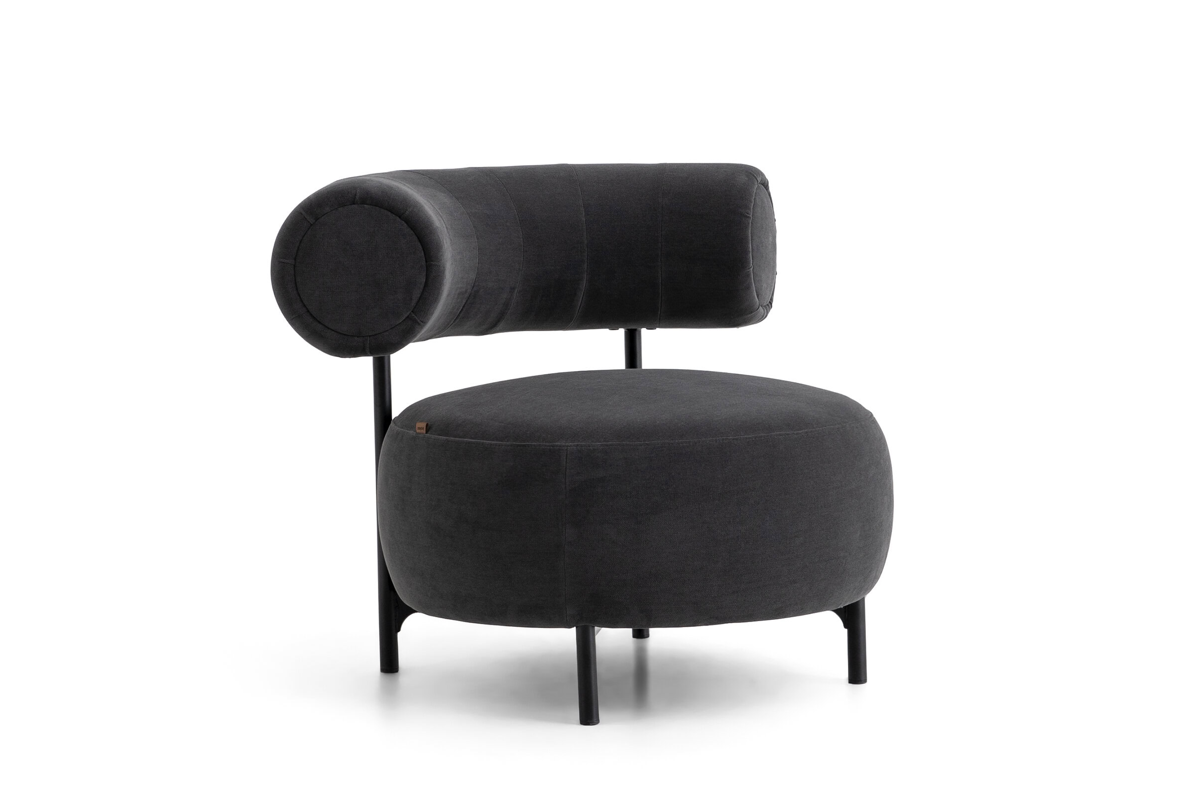 Stylish black velvet lounge chair with unique cylindrical backrest and rounded seat, perfect for contemporary living rooms and stylish interiors.