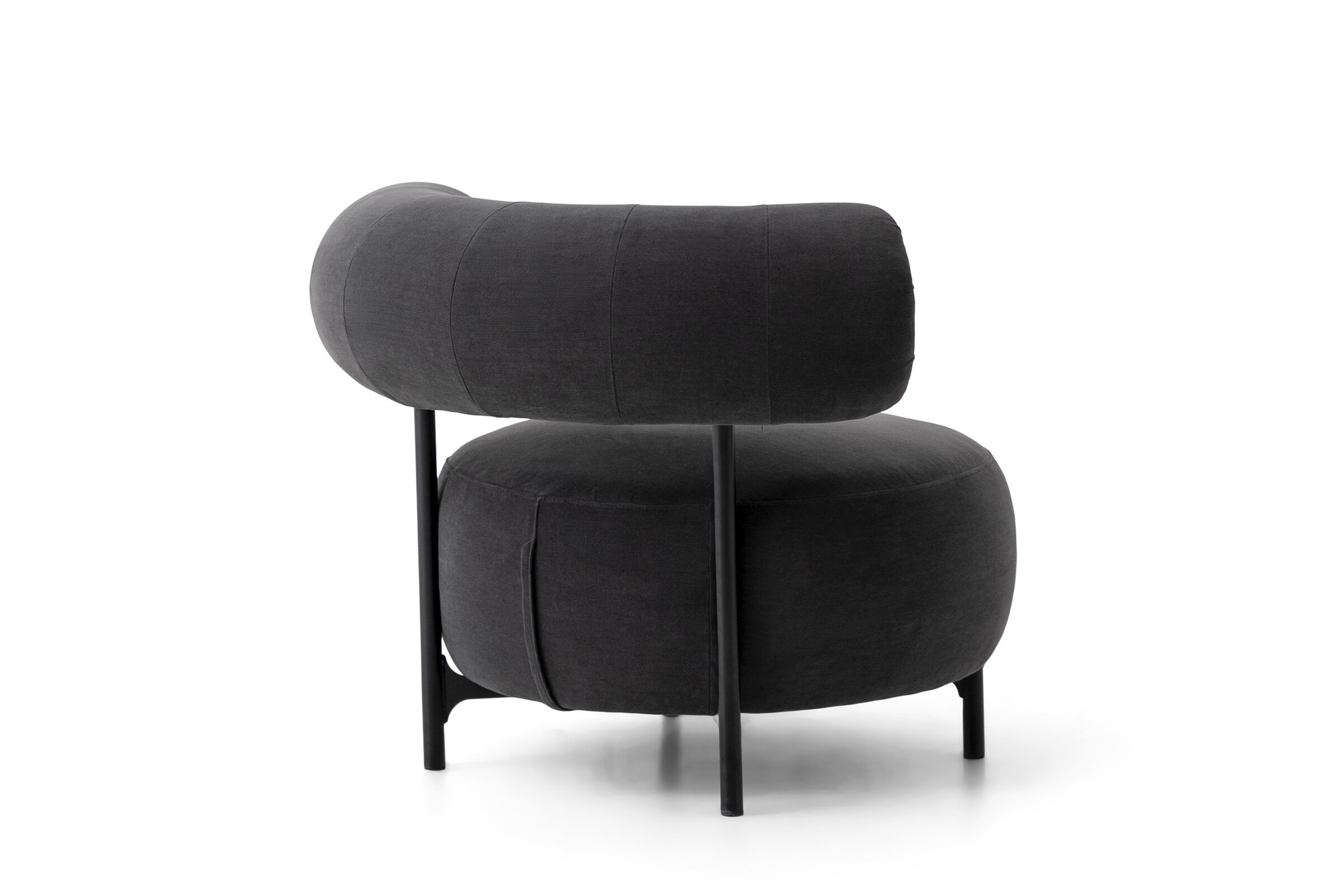 Contemporary black lounge chair with a distinctive rounded backrest and sleek metal legs, perfect for stylish living rooms and modern interiors.