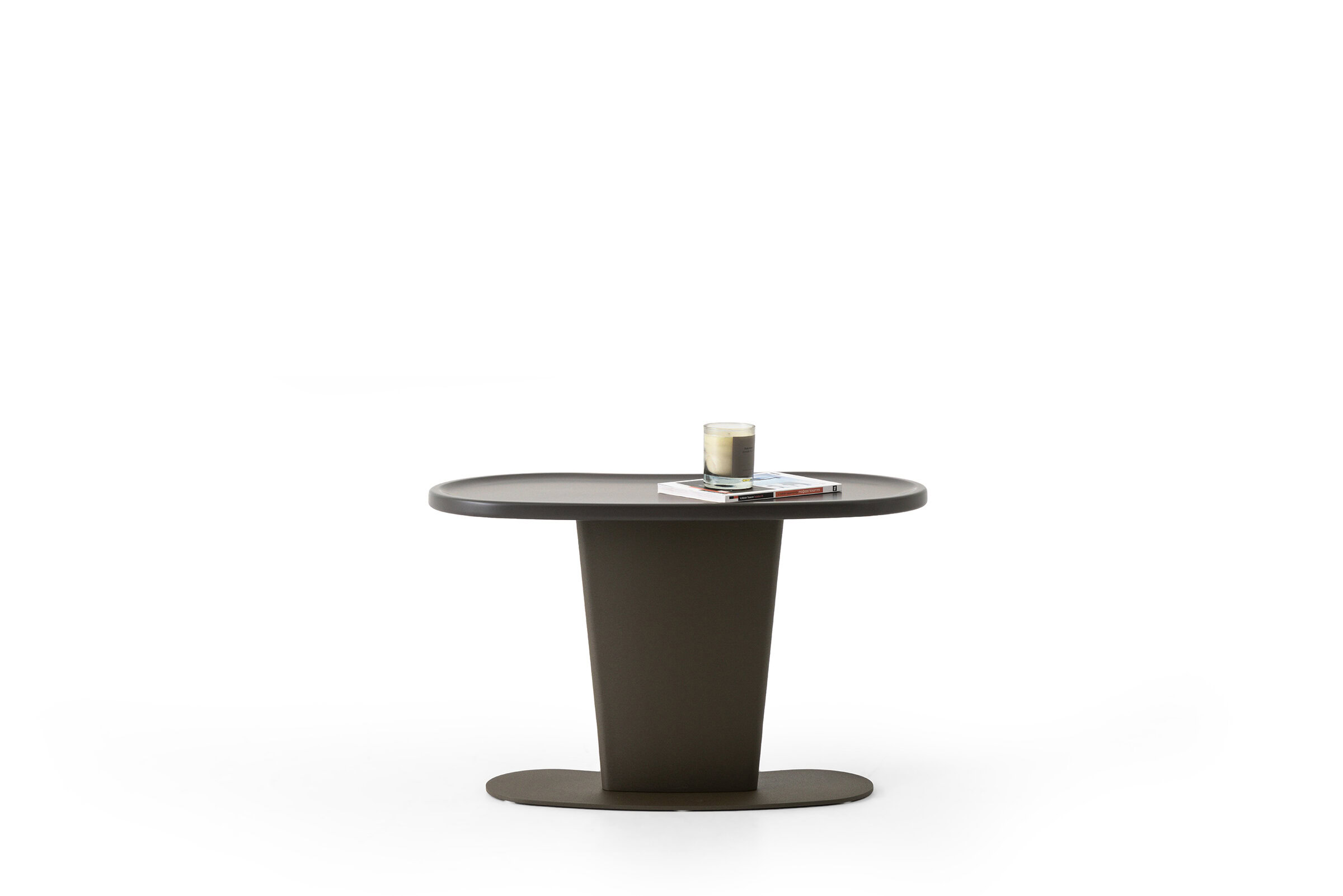 Stylish modern coffee table by Saloni Furniture with a sleek oval top and unique base design, perfect for contemporary living spaces.