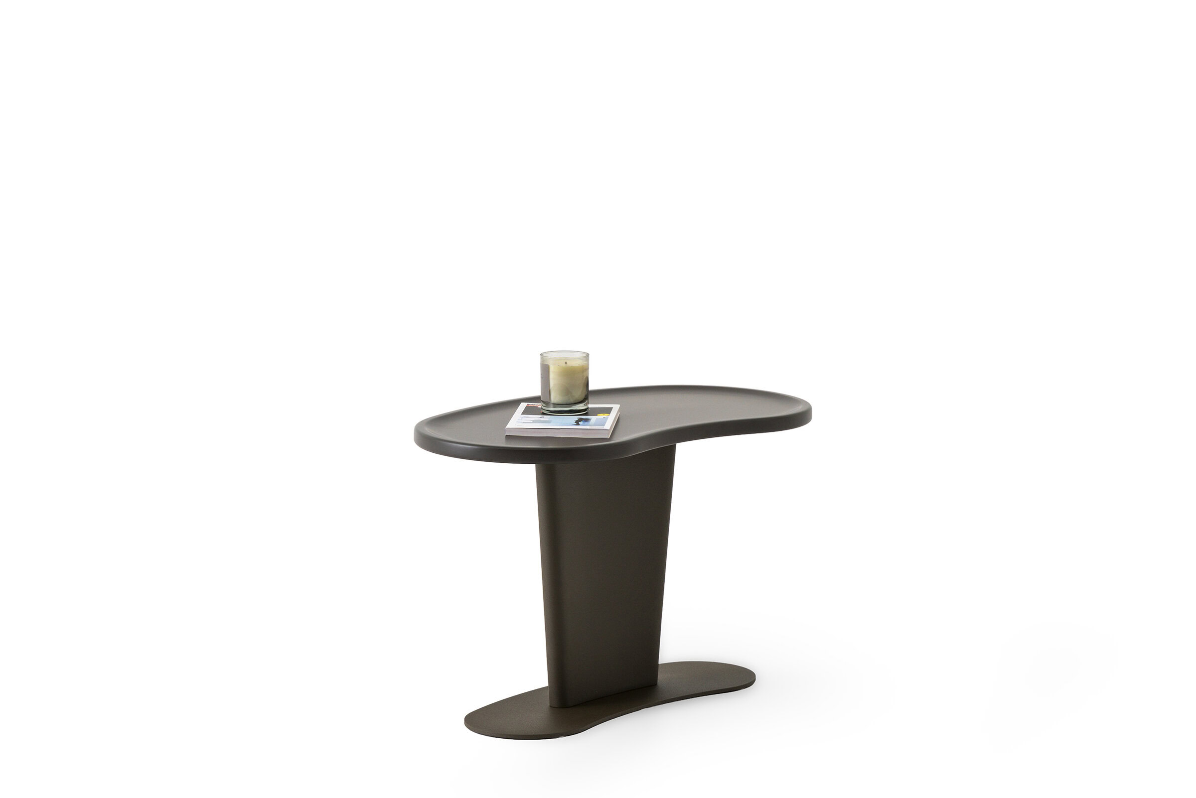 Elegant modern side table by Saloni Furniture with a sleek dark finish, perfect for contemporary living spaces.
