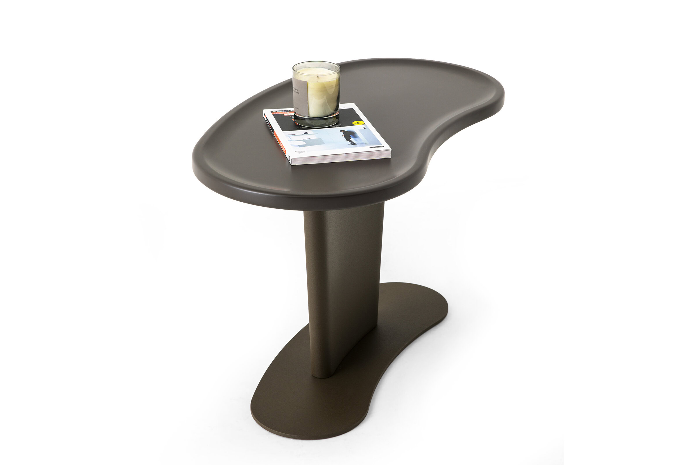 Contemporary Saloni Furniture side table with a sleek, curved design, featuring a dark finish, perfect for living rooms or offices.
