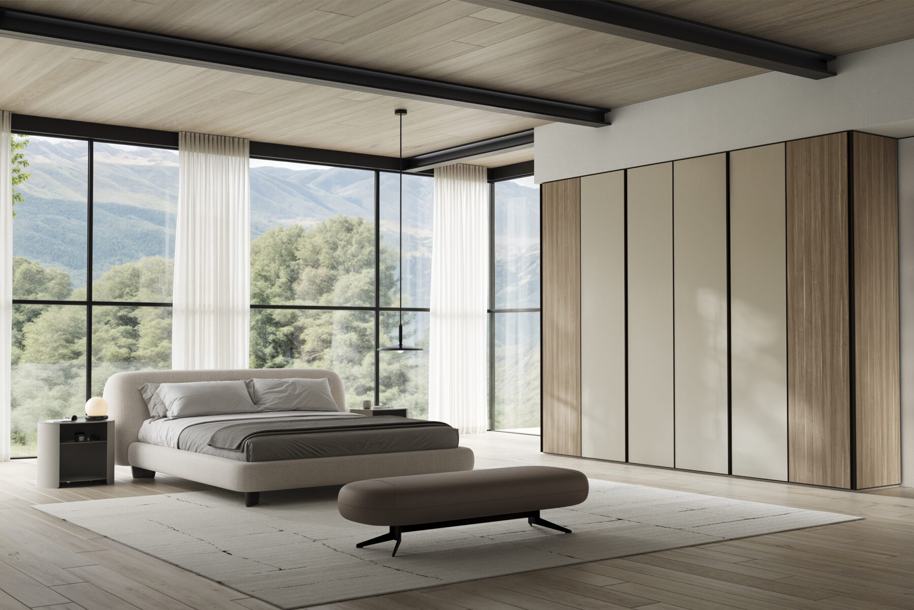 Sleek modern bedroom with large floor-to-ceiling windows, minimalist bed, black nightstand, cozy ottoman, and panoramic mountain view, showcasing elegant and contemporary furniture design for luxury home decor.