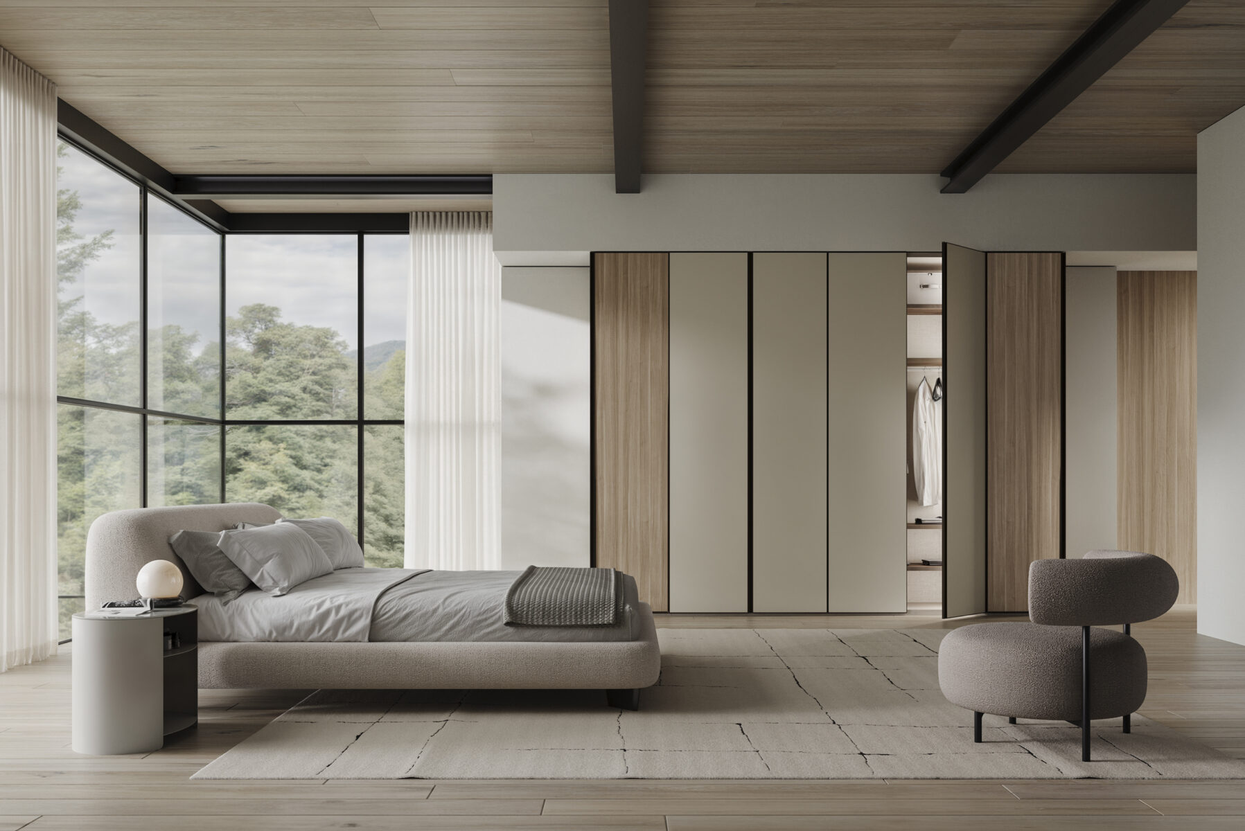 Contemporary bedroom with large floor-to-ceiling windows, minimalist bed with neutral bedding, modern side table with lamp, and a sleek, stylish armchair in a serene, natural-lit space with wooden accents.