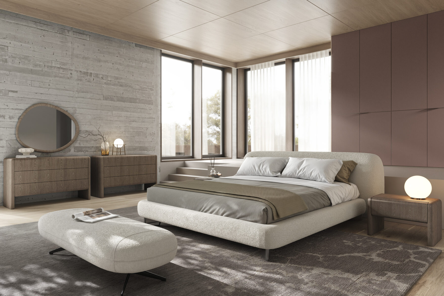 Modern minimalist bedroom with beige bed frame, wooden furniture, and large windows offering natural light, showcasing stylish bedroom furniture from Saloni Furniture.
