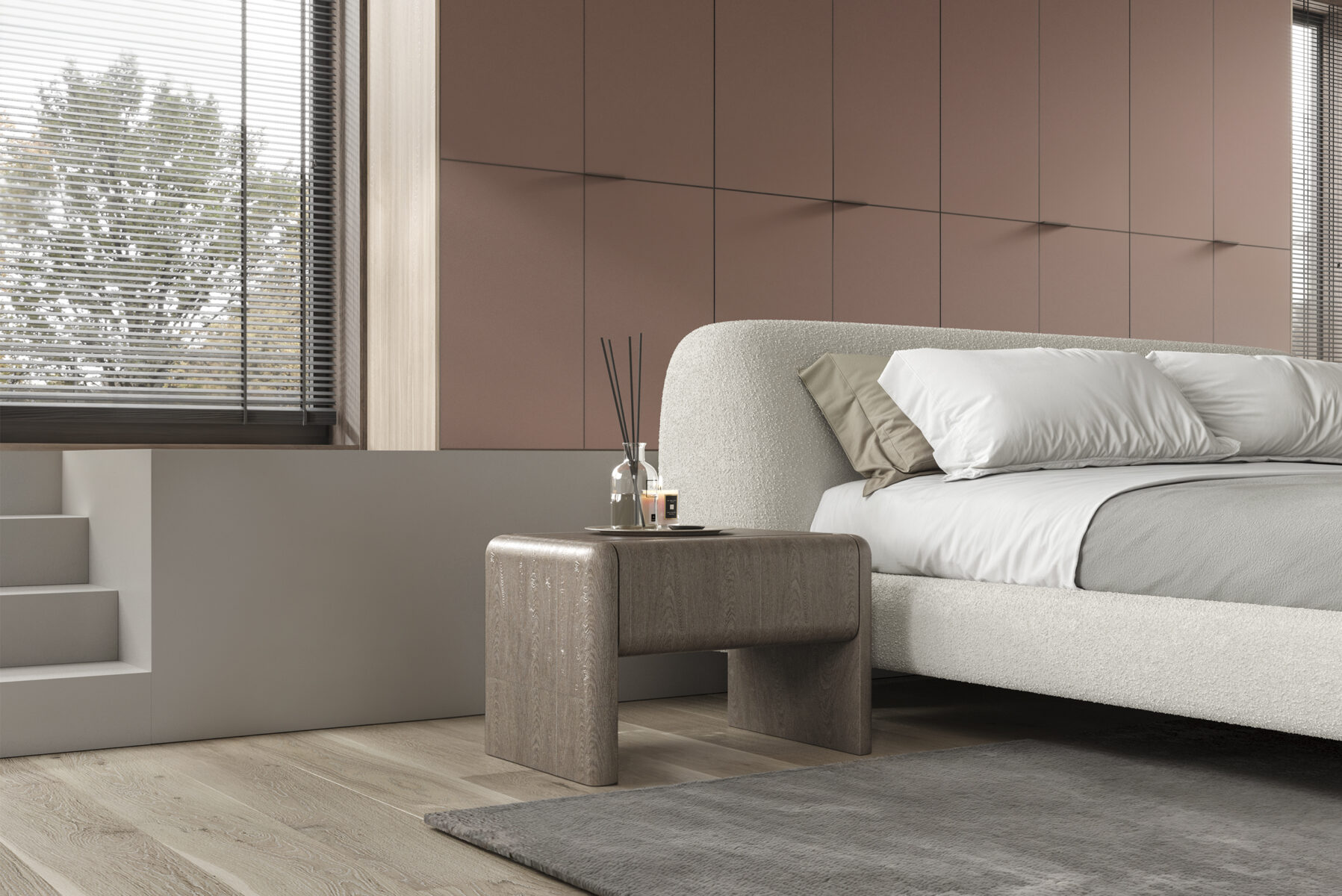 Contemporary bedroom featuring a modern bed with a textured upholstered headboard, a wooden side table with decorative items, large windows with blinds, and minimalist interior design by Saloni Furniture.