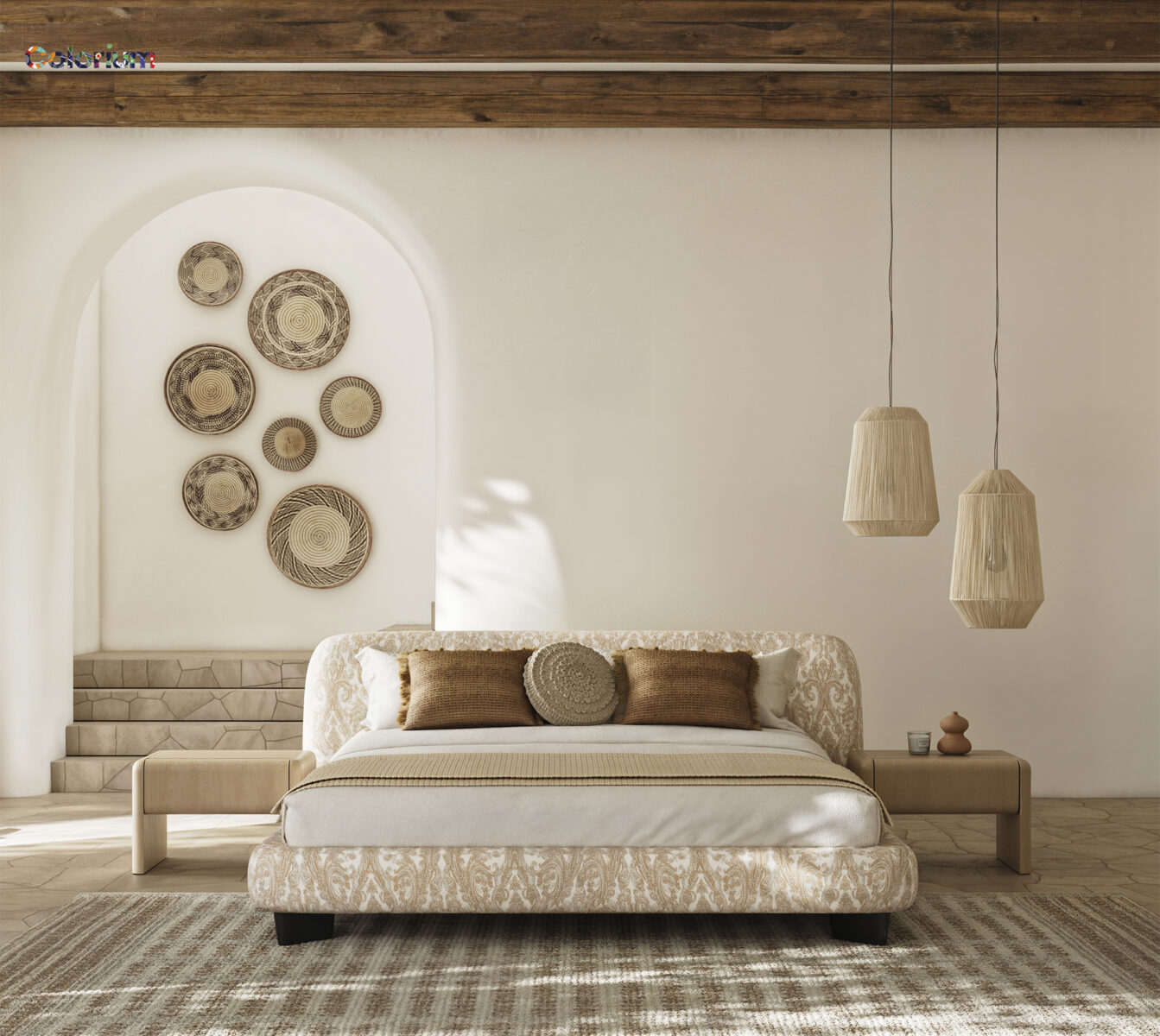 Handcrafted wooden bed with upholstered headboard in a minimalist bedroom with earthy tones.