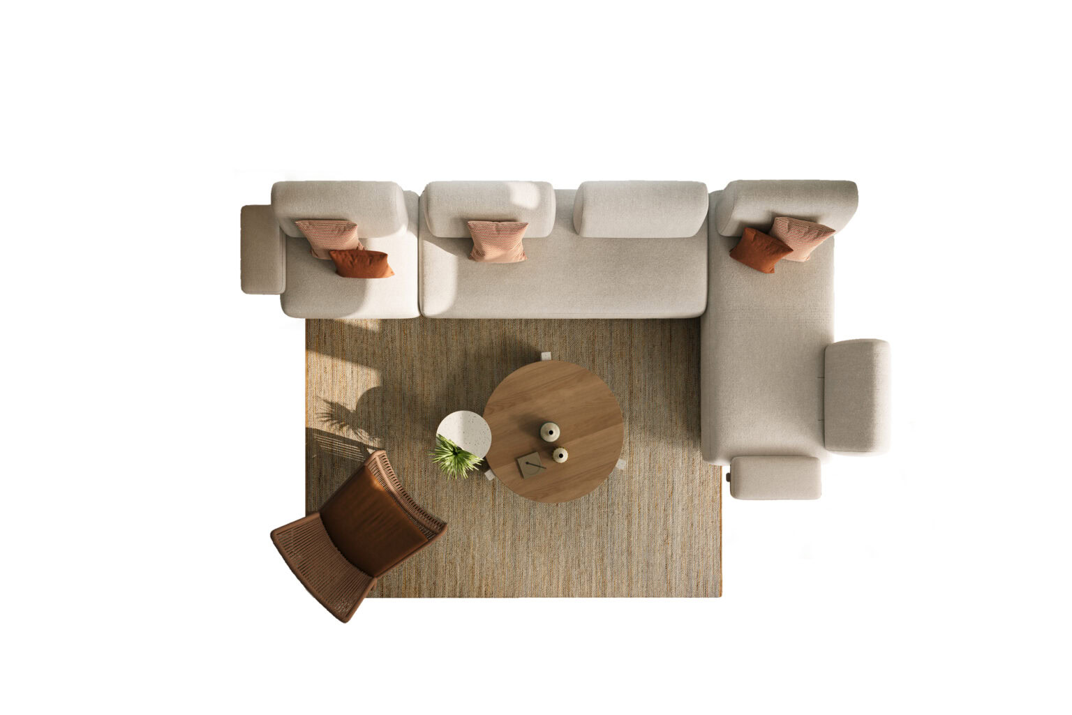 Elegant L-shaped sofa with beige upholstery and pink accent pillows, ideal for contemporary living room decor.