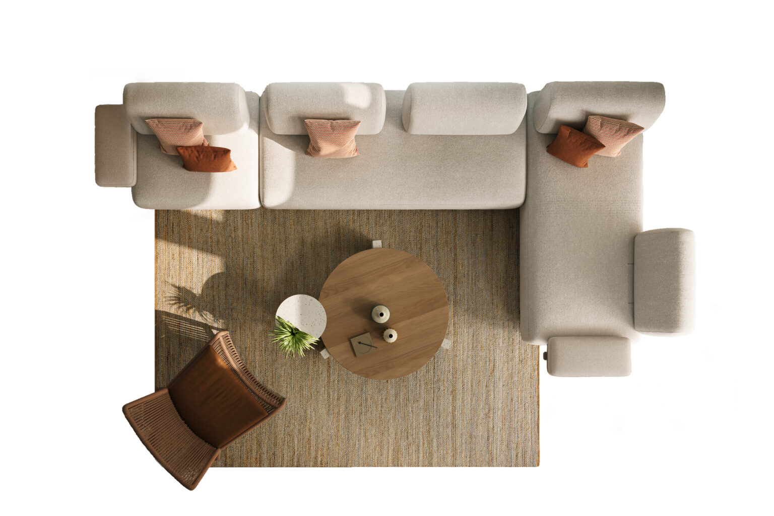 Top-down view of a contemporary beige sofa set with pink cushions, a round wooden coffee table, and a brown armchair on a textured rug.