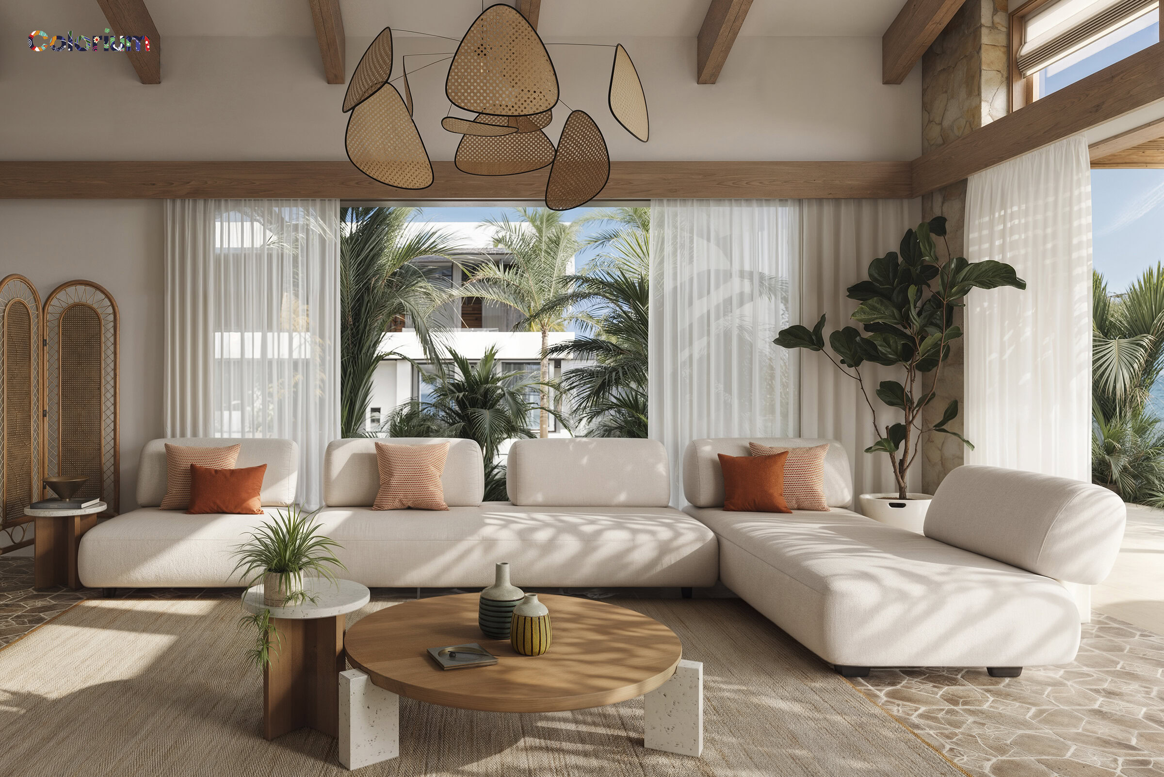 Modern living room with white sectional sofa, wooden coffee table, and tropical plants, showcasing stylish and comfortable furniture from Saloni Furniture.