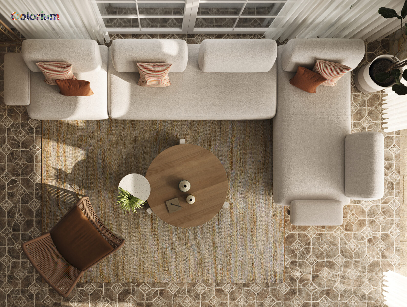 Modern living room with beige sectional sofa, wooden coffee table, and patterned tile flooring, featuring natural light and decorative cushions.