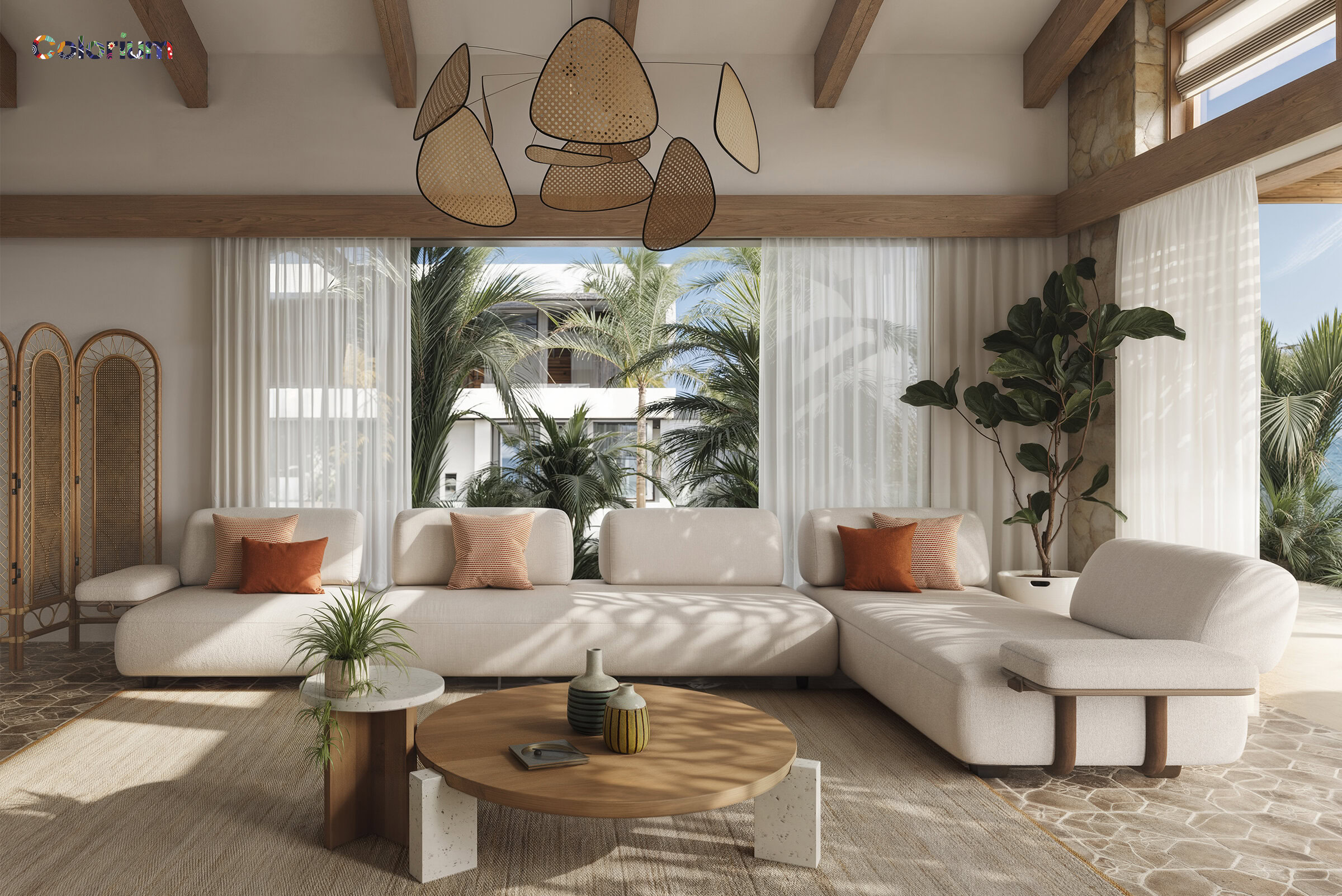 Modern living room with white sectional sofa, wooden coffee table, and tropical view through large windows, featuring lush greenery and palm trees.