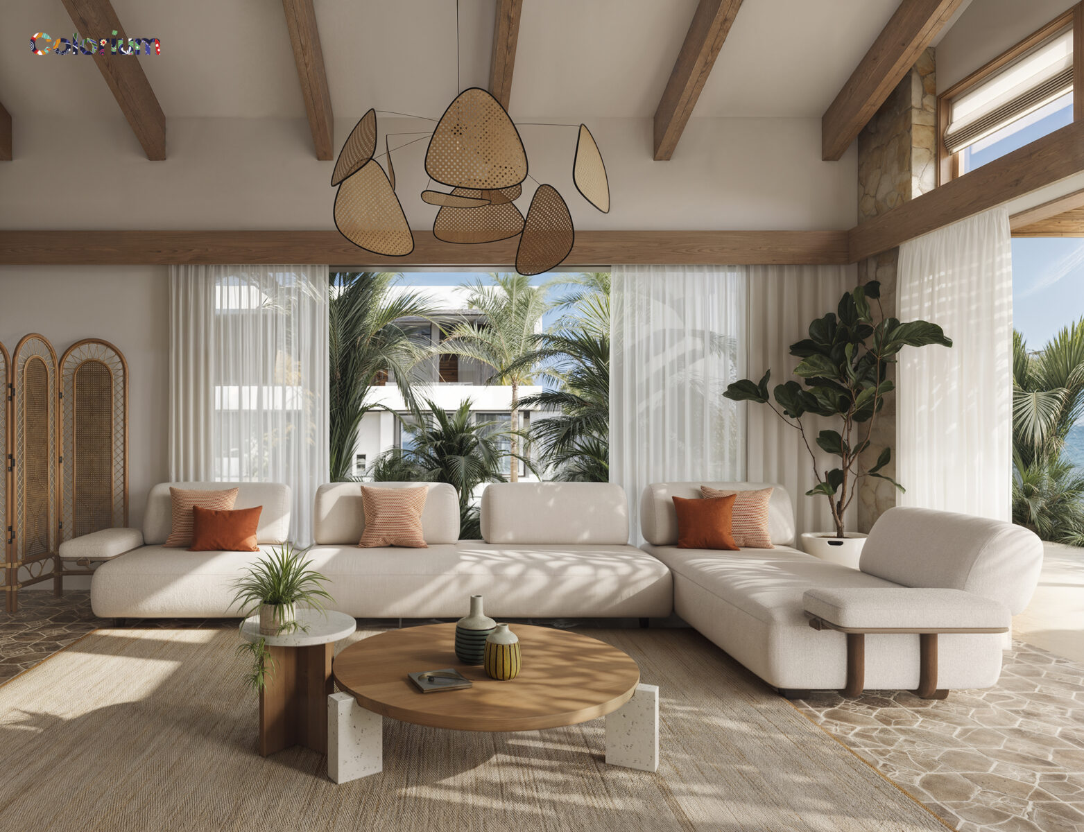 Modern living room with white sectional sofa, wooden coffee table, and tropical plants, featuring large windows and natural light.