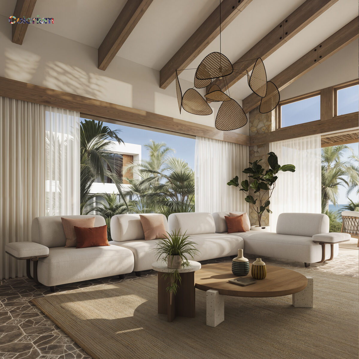 Modern living room with white sectional sofa, wooden beams, large windows, and tropical outdoor view, showcasing stylish furniture from Saloni Furniture.