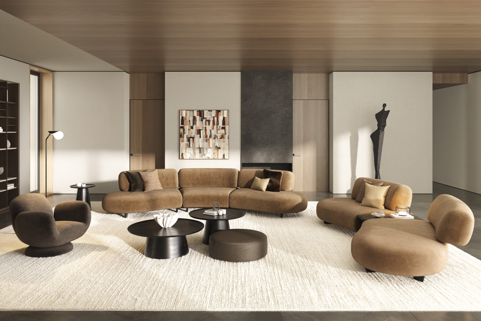 Contemporary living room with modern modular sofas, plush chairs, black coffee tables, and stylish decor, showcasing high-quality furniture from Saloni Furniture in a warm, elegant setting.
