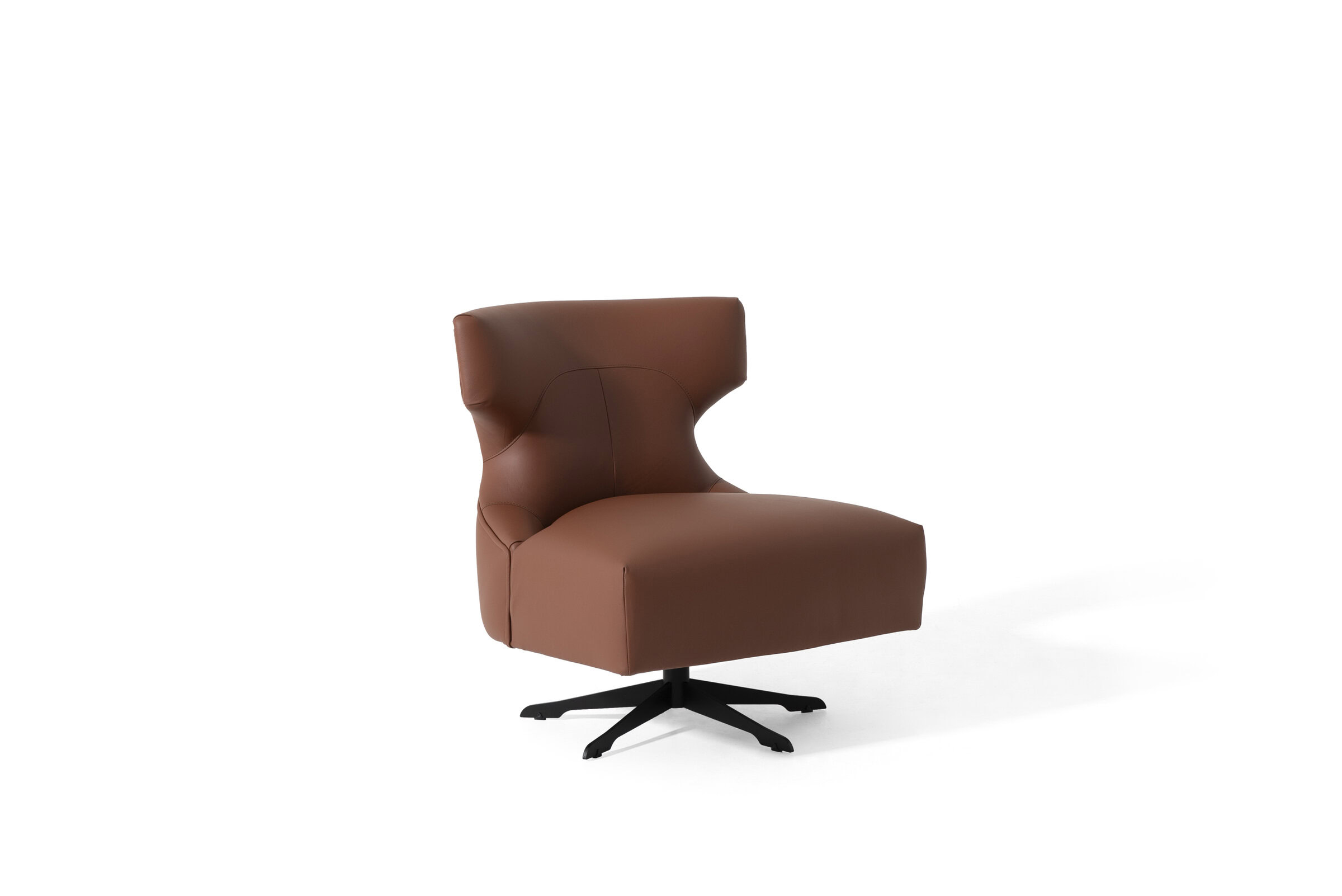 Contemporary brown leather swivel lounge chair with ergonomic design and adjustable base, ideal for modern living rooms or office spaces. Perfect combination of style and comfort.
