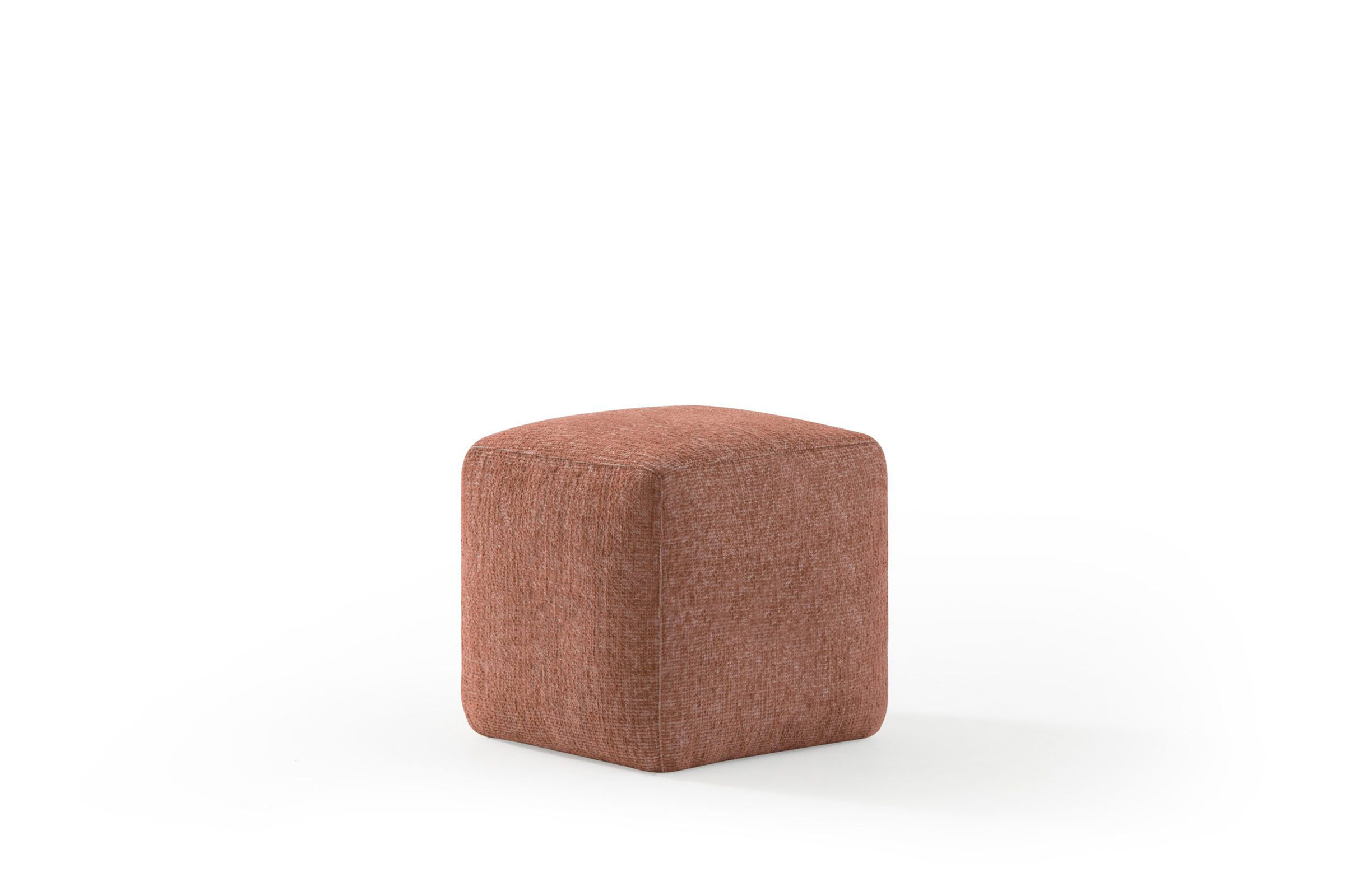 Comfortable upholstered cube ottoman in warm terracotta fabric, perfect for modern living room or lounge area, offering style and functional seating or footrest.