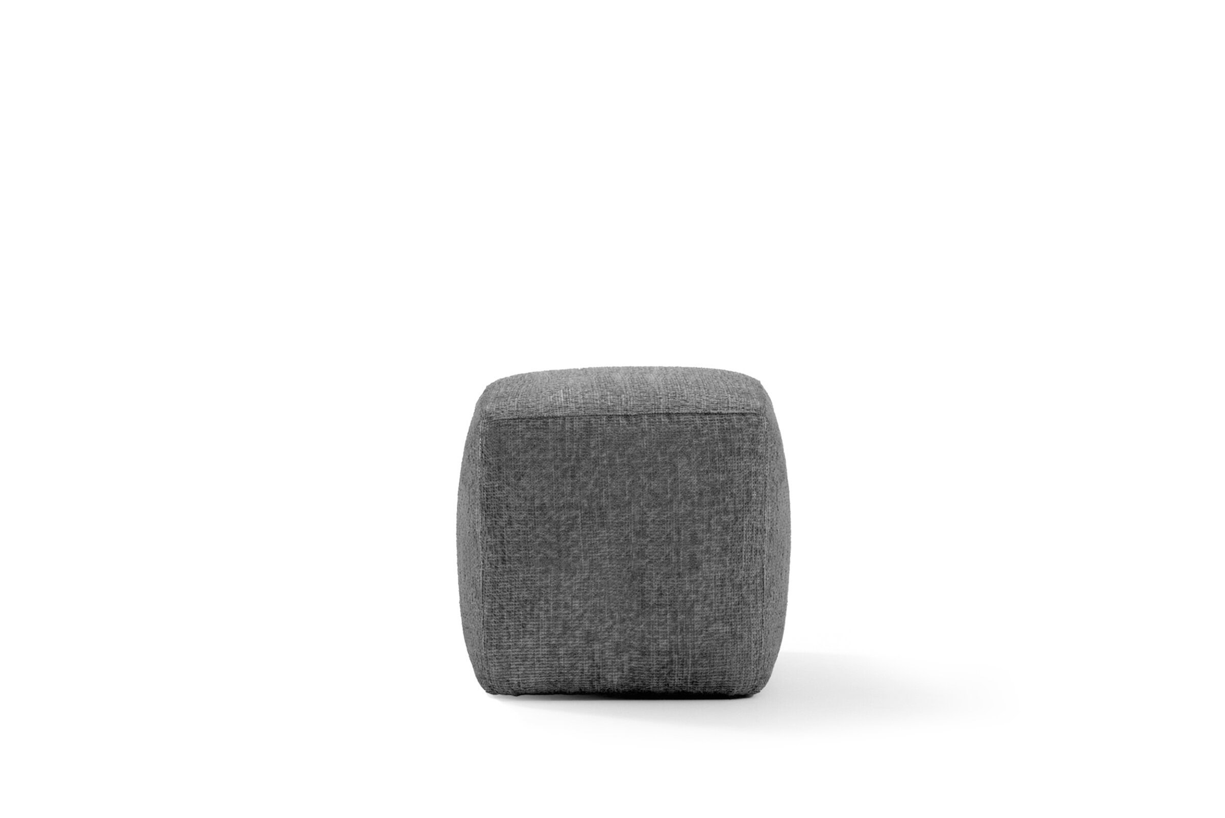 Plush grey upholstered ottoman with modern minimalist design, ideal for living room decor and versatile seating options. Perfect for contemporary home aesthetics.
