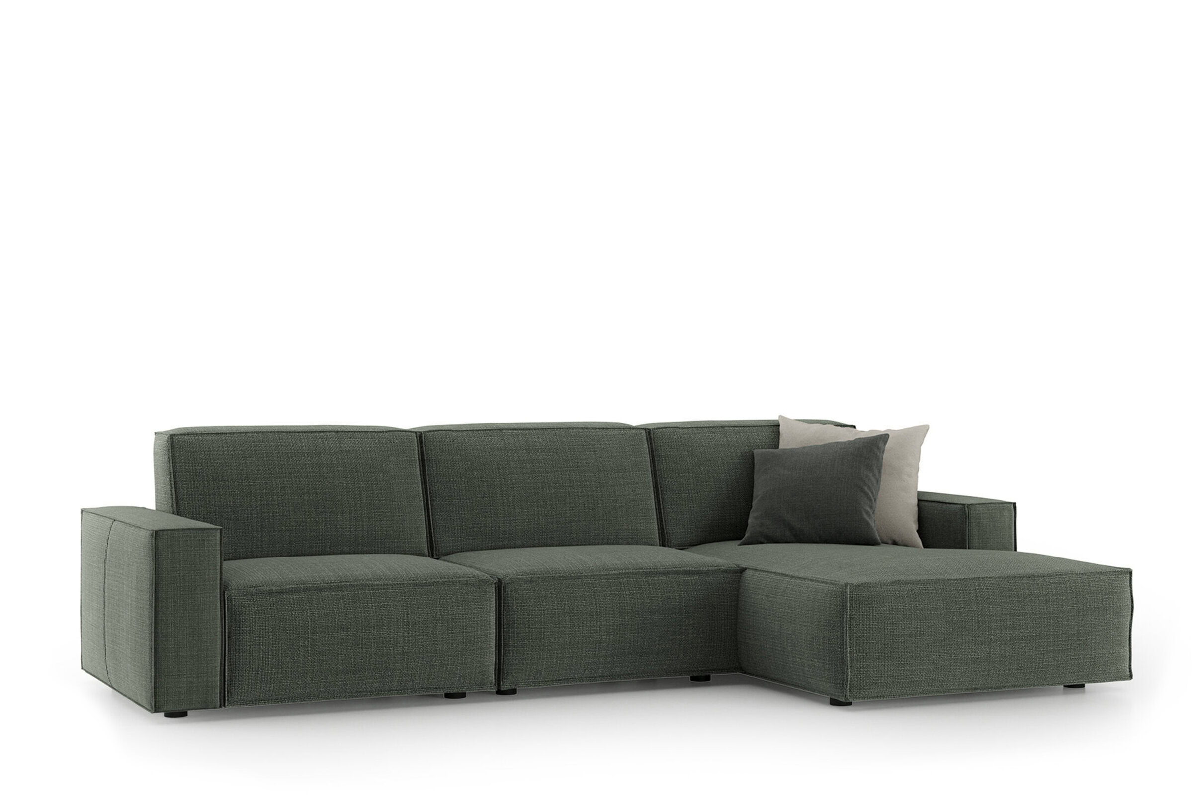 Elegant green sectional sofa with plush cushions, perfect for contemporary living rooms and family spaces. Designed for comfort, durability, and aesthetic appeal.