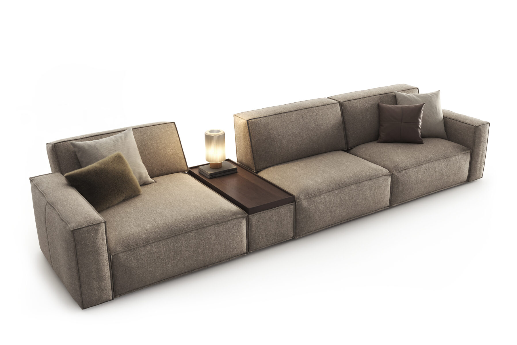 Elegant modern modular sofa in neutral tones, perfect for contemporary living rooms, offering versatile seating and stylish design.