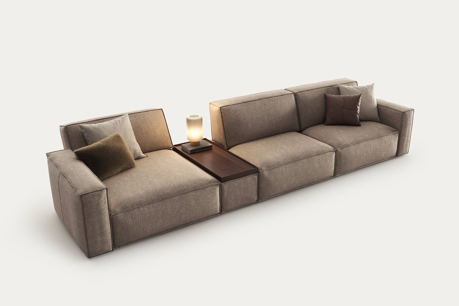 Elegant beige sofa with plush cushions and a wooden side table, perfect for contemporary living rooms.