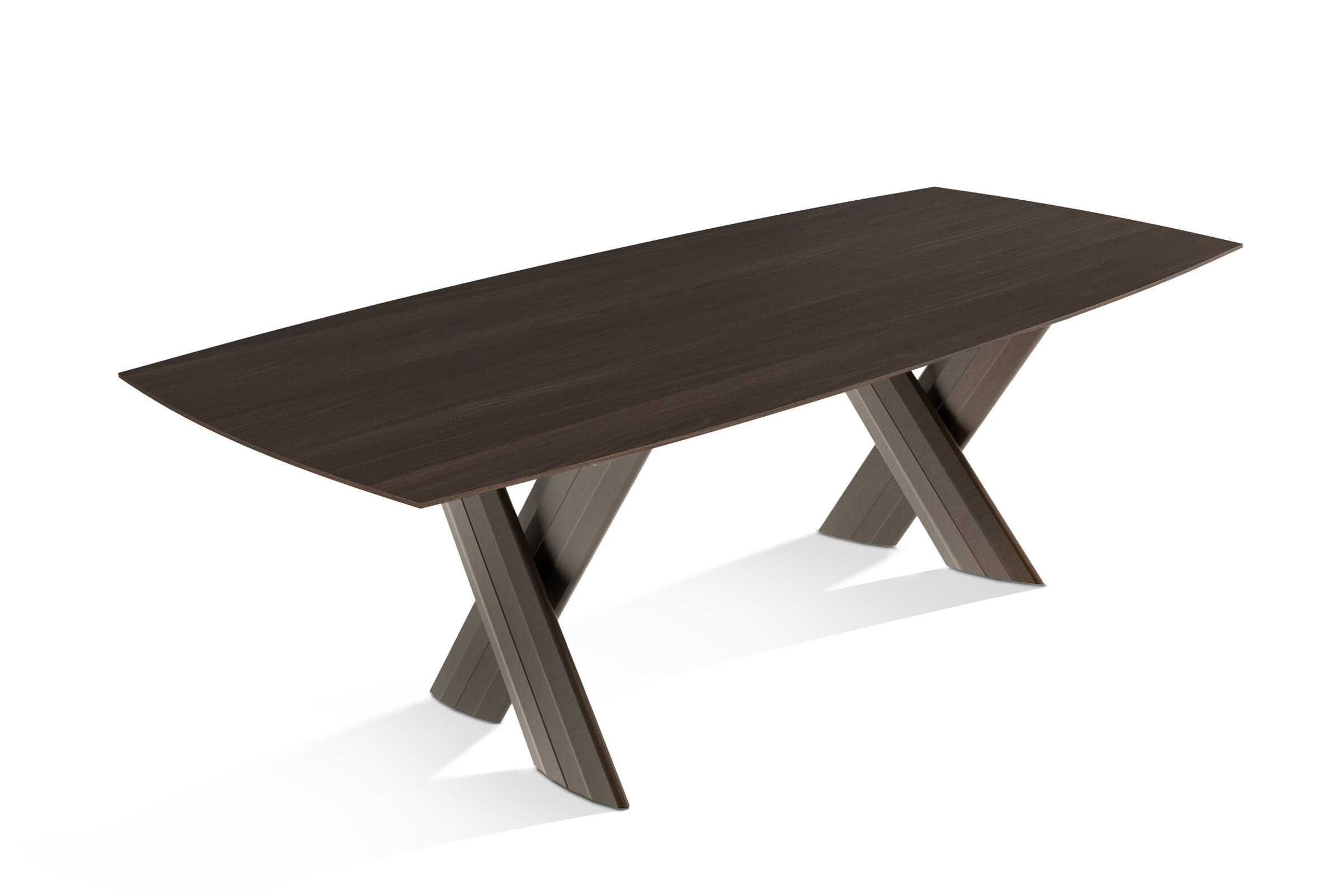 Sleek modern wooden dining table with a dark finish and unique angled legs, perfect for contemporary dining rooms and versatile interior decor.