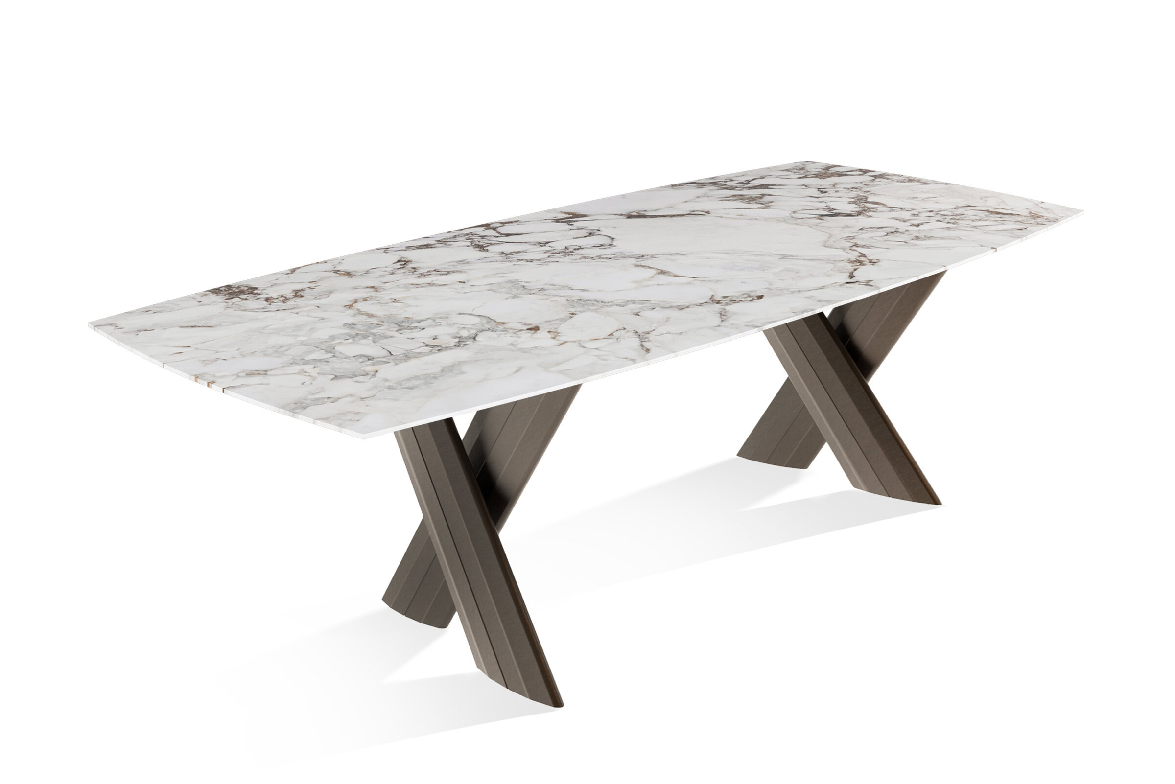 Luxurious marble top dining table with modern wooden cross-leg design, perfect for stylish contemporary living spaces.