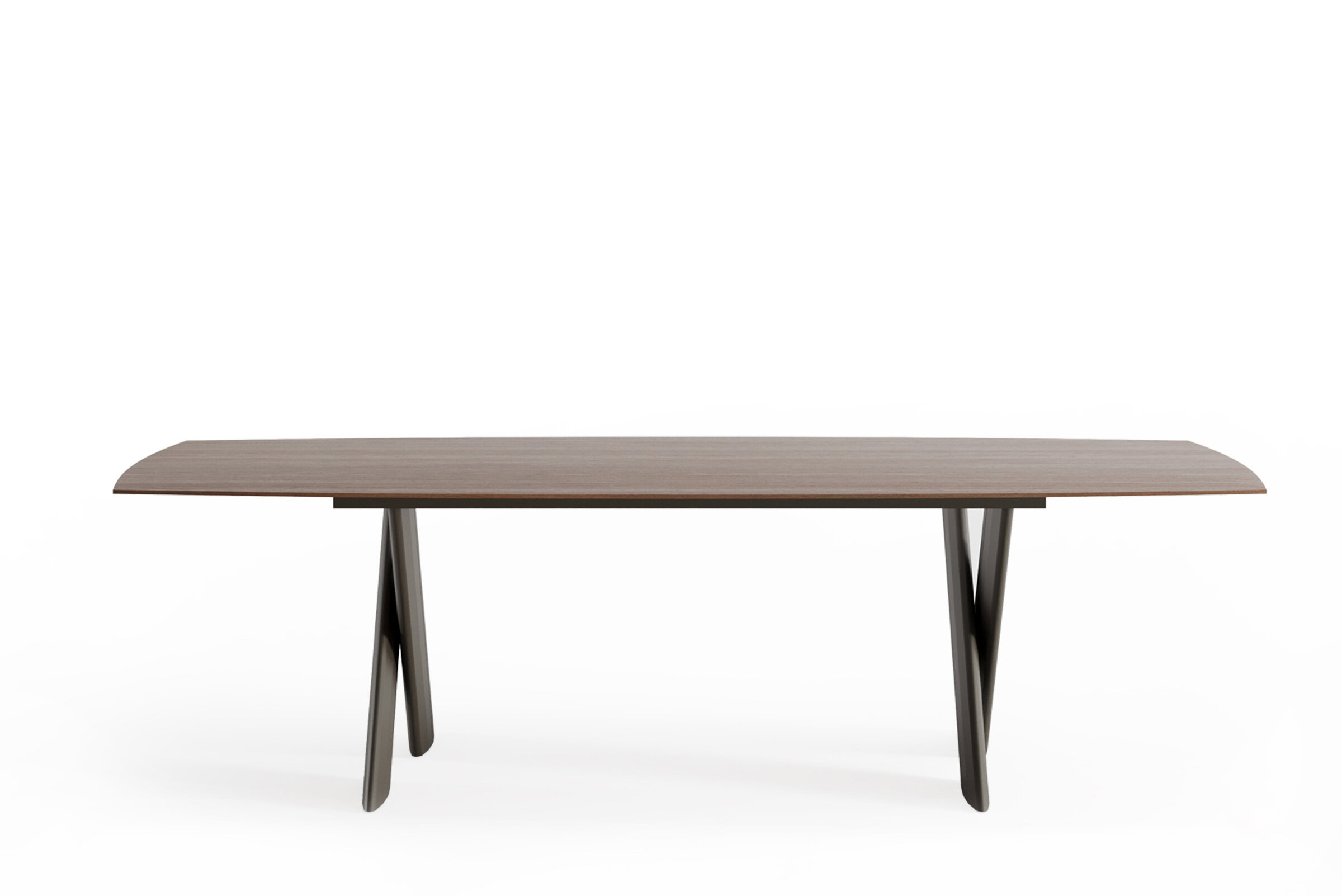 Sleek modern dining table with a wooden top and black angled metal legs, perfect for contemporary home interiors and dining spaces.
