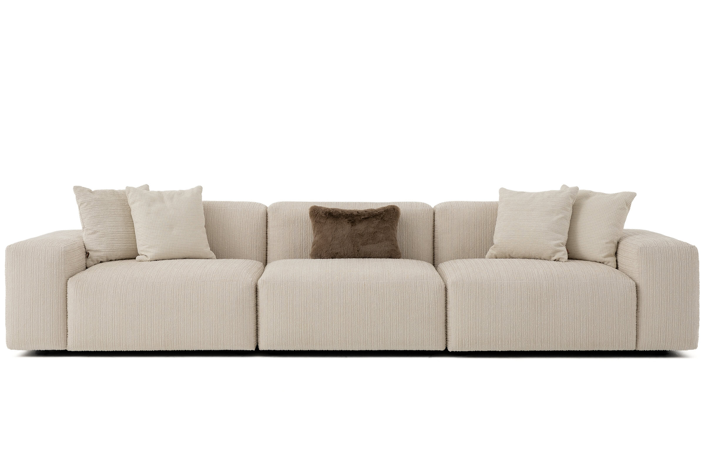 High-quality beige fabric sofa with plush cushions, perfect for contemporary home decor and comfortable lounging. Designed for durability and style, ideal for family or entertaining guests.