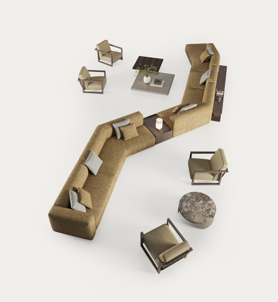 Modern living room furniture arrangement with a large L-shaped sofa, armchairs, coffee table, and decorative cushions, showcasing stylish and comfortable home decor.
