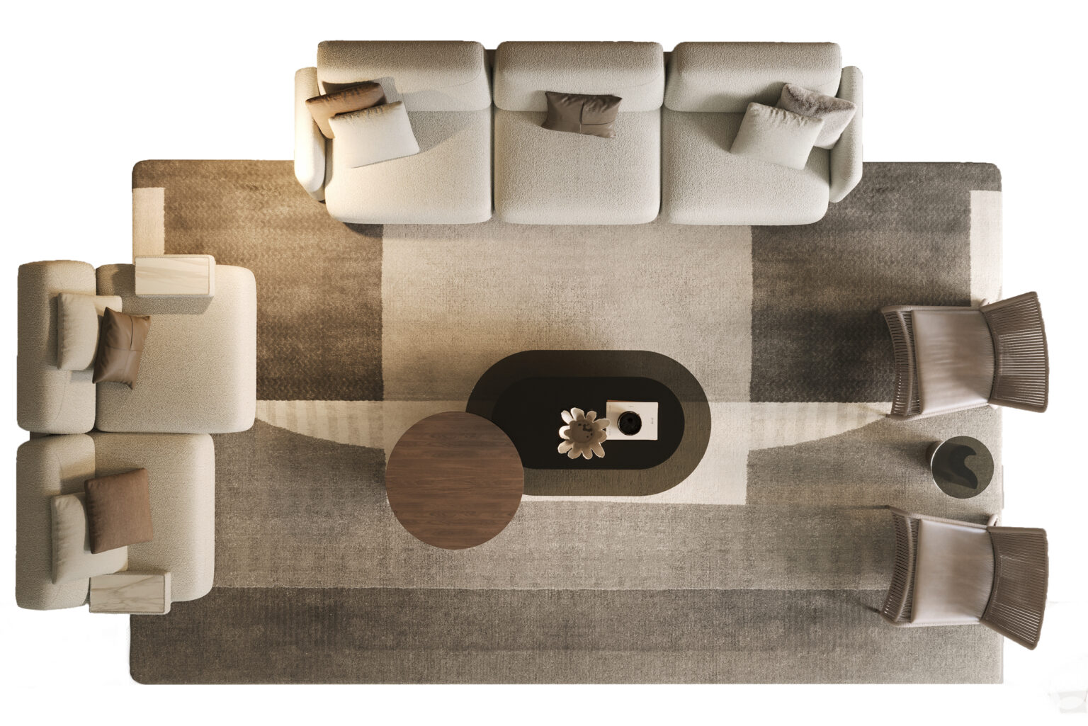 Sofa and armchairs living room furniture set with modern neutral tones, stylish cushions, and contemporary coffee table, showcasing elegant furniture design for cozy home interiors.