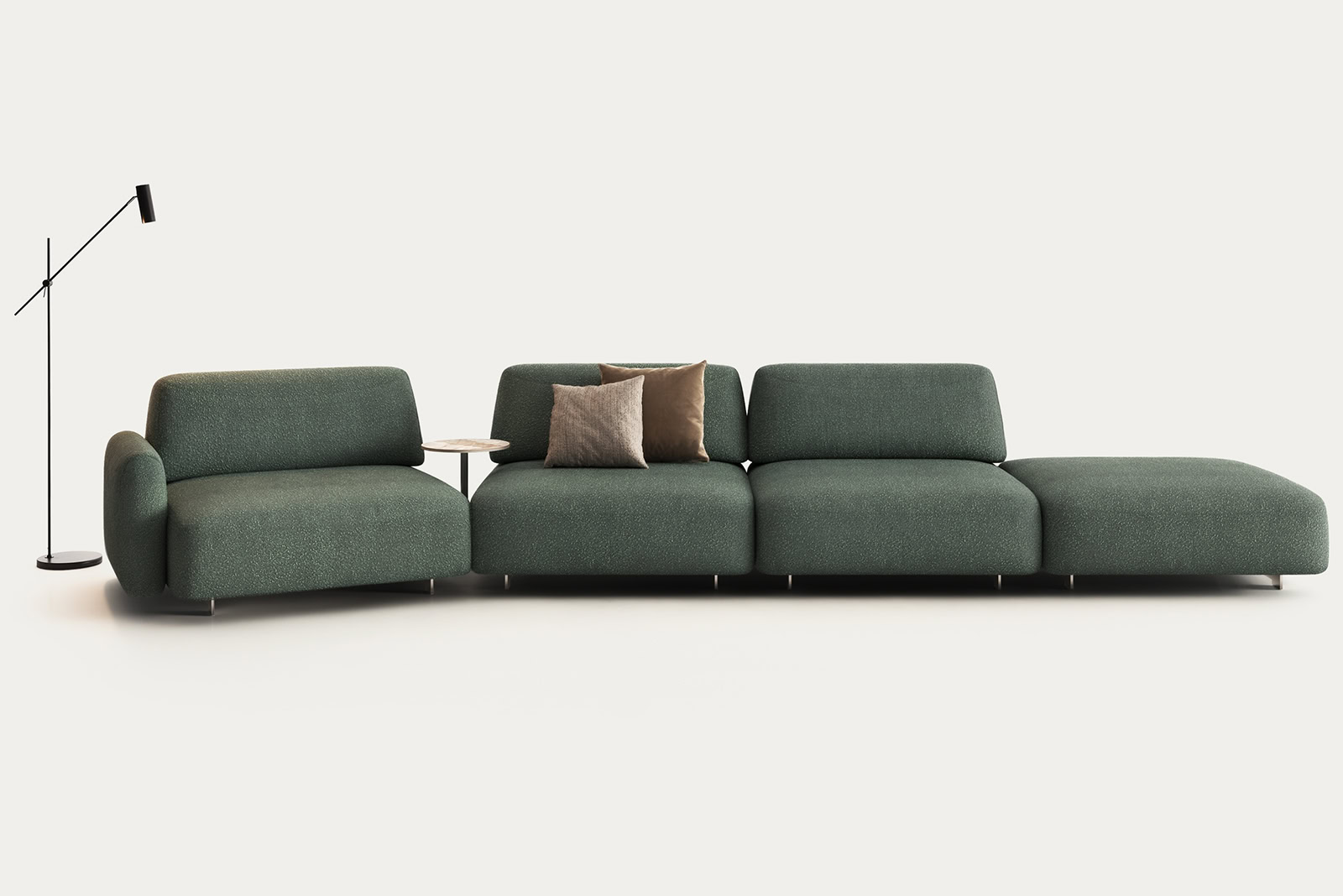 Contemporary green sectional sofa with plush cushions and minimalist design, ideal for modern living rooms and stylish interiors.