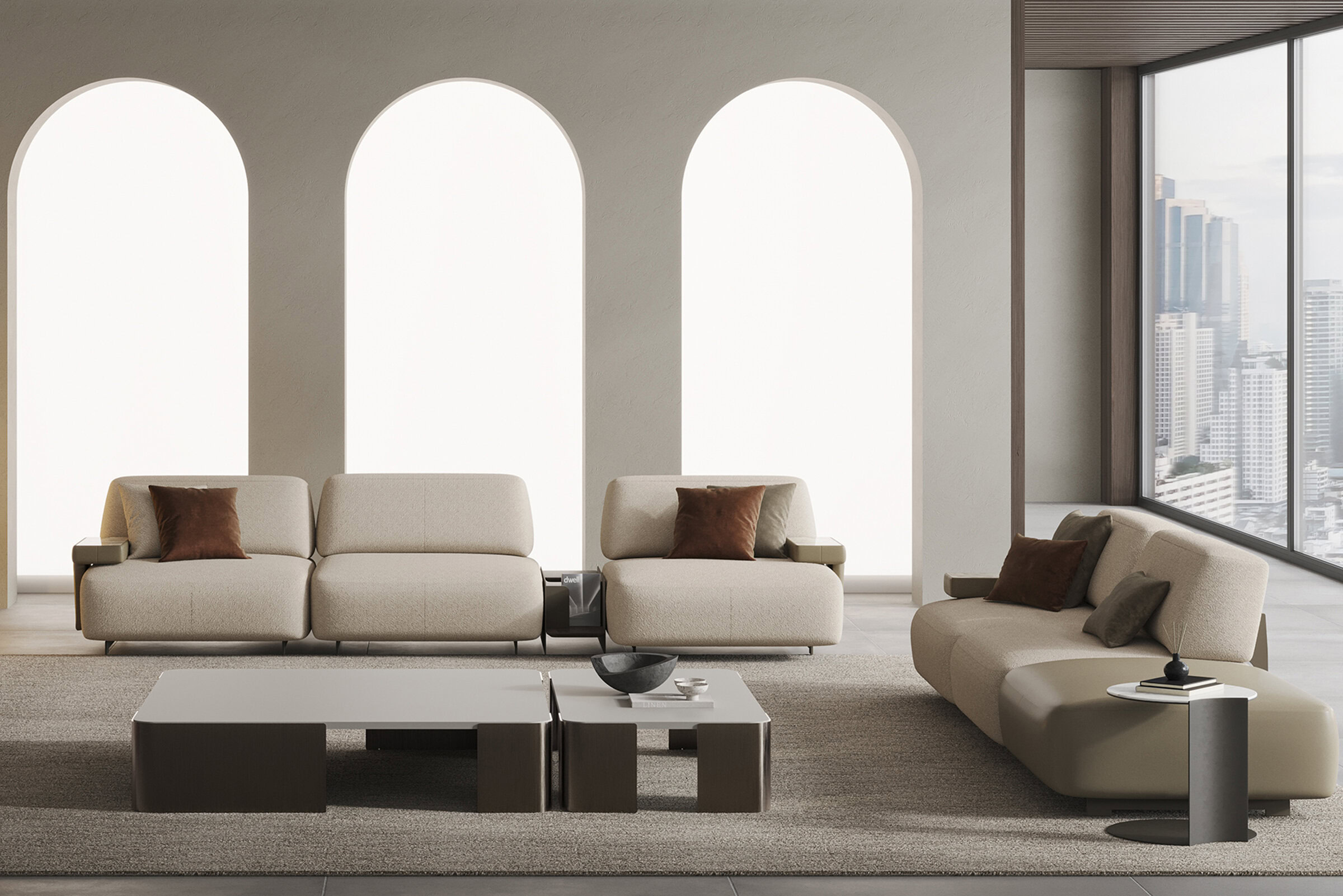 Canapea modulară elegantă și modernă, bej, cu perne decorative, într-un living contemporan și elegant, cu vedere panoramică la oraș și decor minimalist.