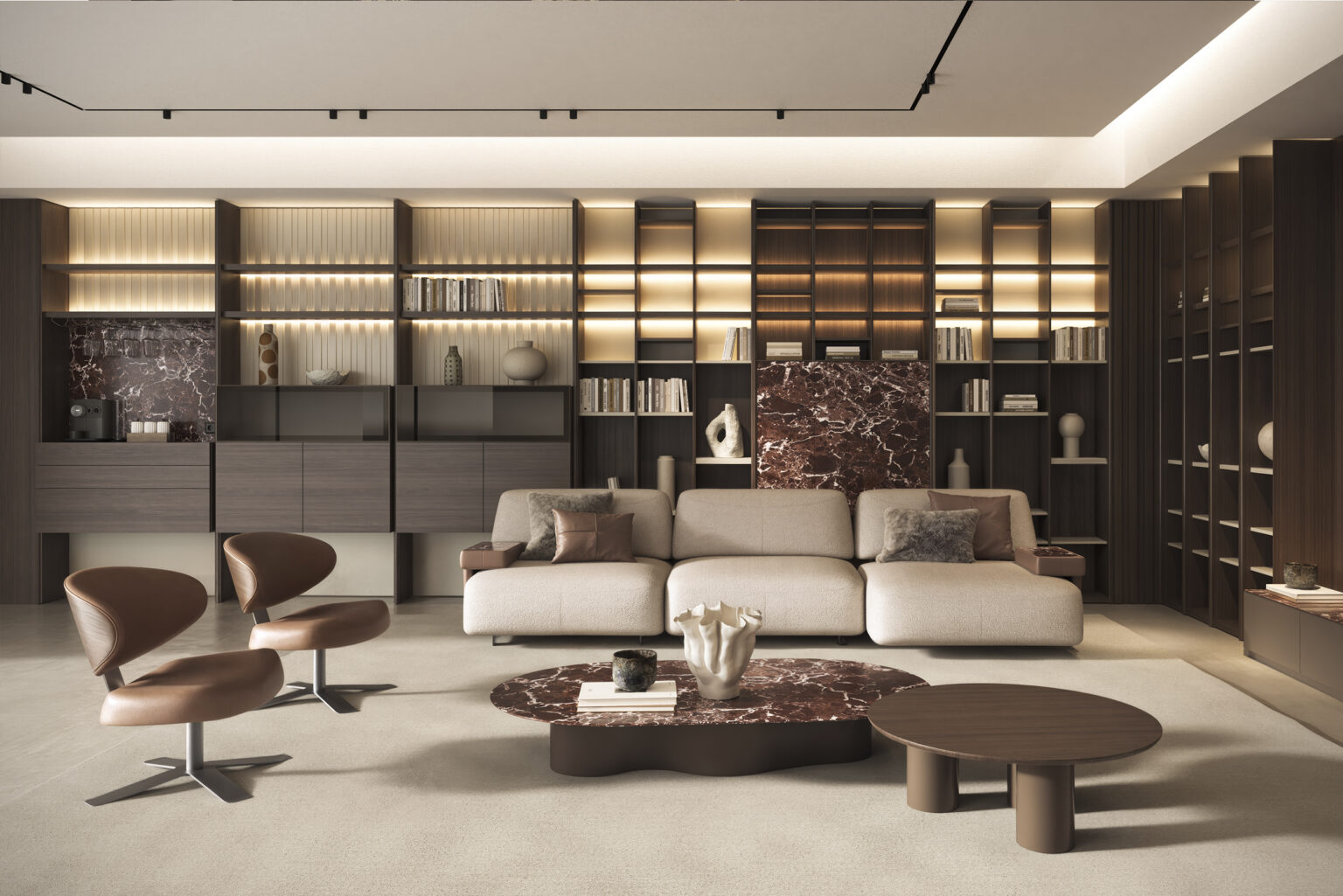 Elegant modern living room featuring a large beige sofa, wooden shelving units, and marble accents, perfect for contemporary home decor.