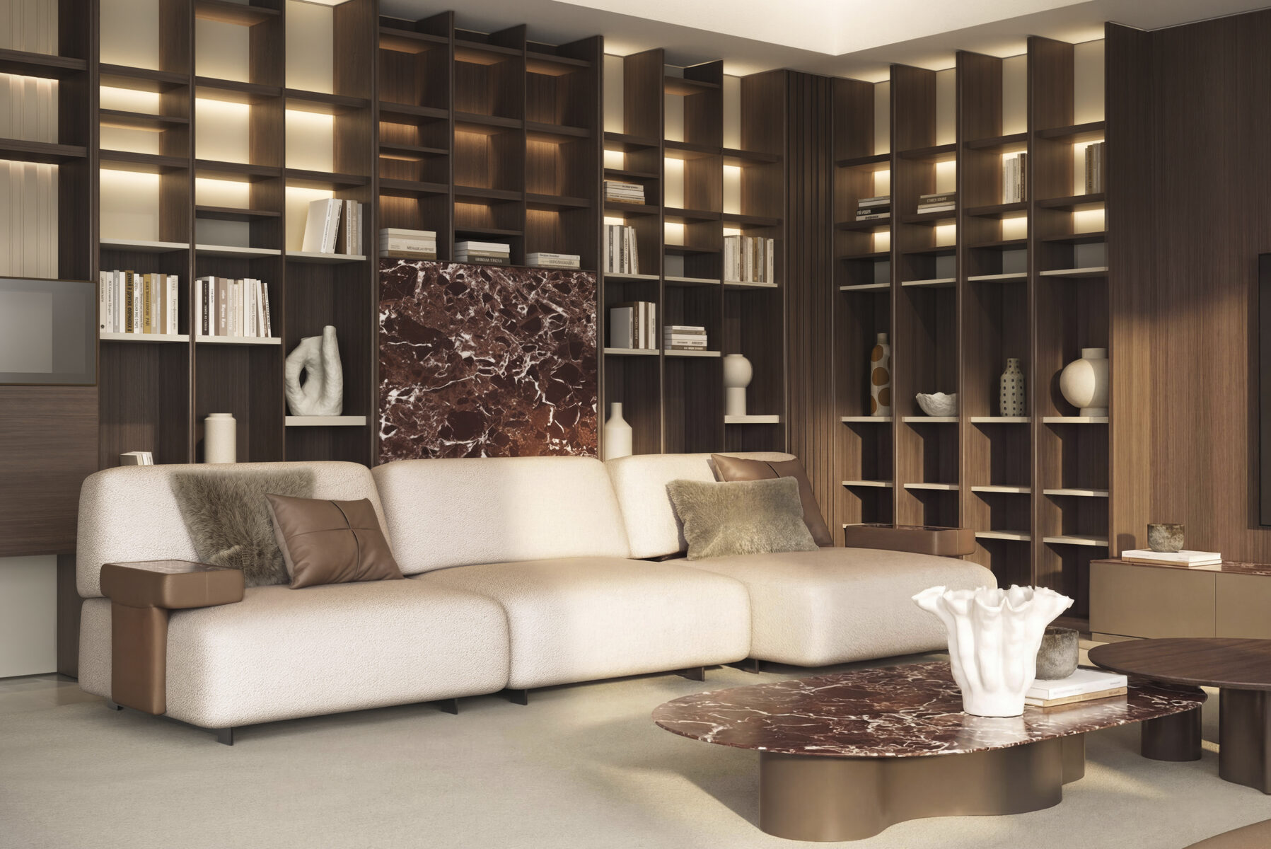 Elegant modern living room featuring a large beige sofa, wooden shelving units, and marble accents, perfect for contemporary home decor.