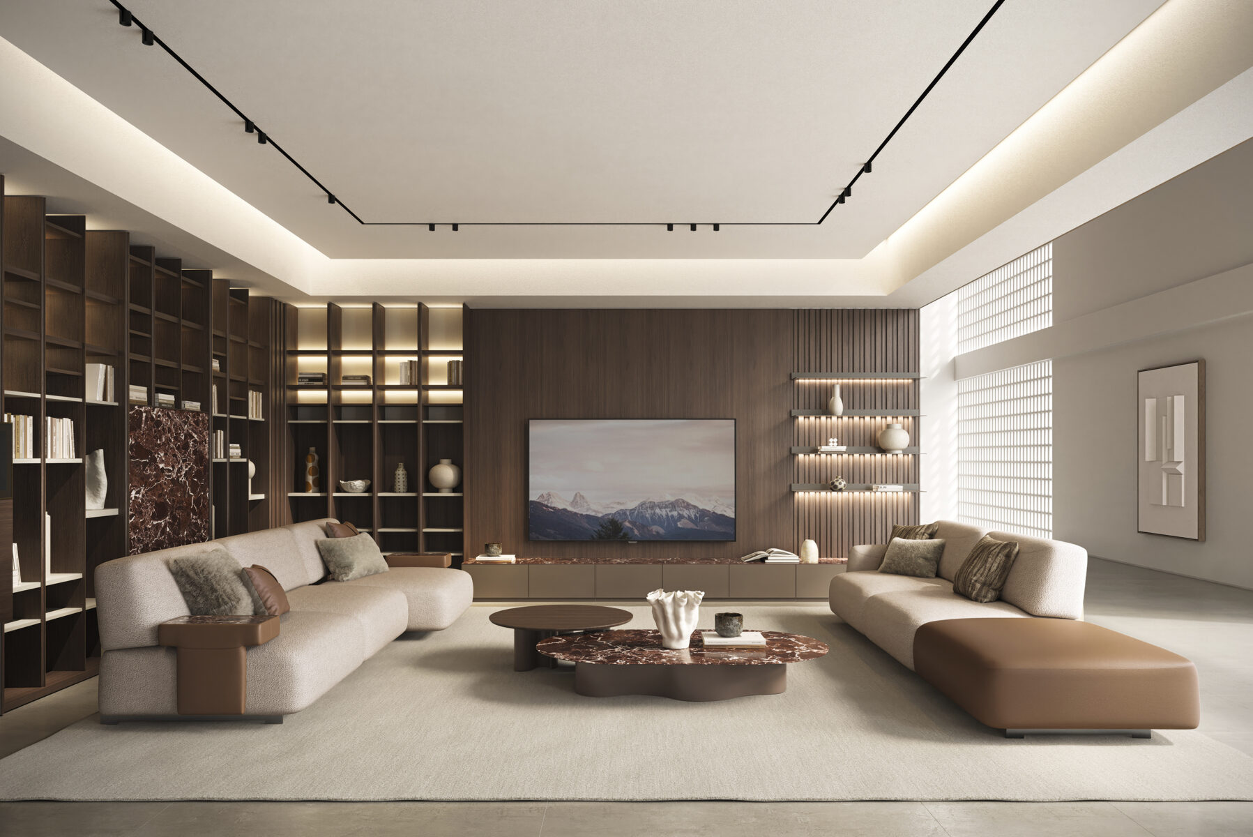 Saloni Furniture modern living room with stylish wooden shelves, comfortable sofas, and elegant decor. Perfect for contemporary home interiors, showcasing quality craftsmanship and sophisticated desig.