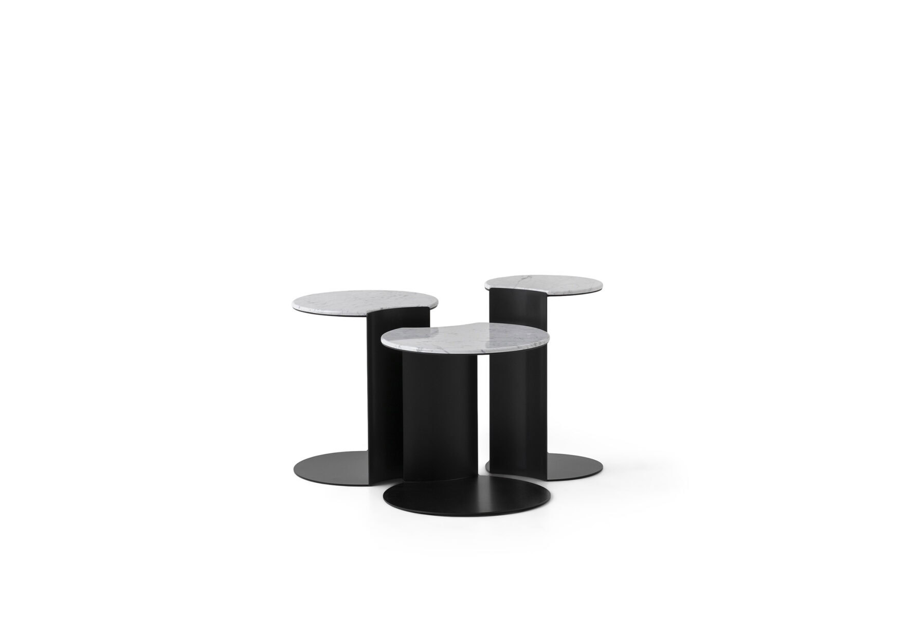 Contemporary multi-table coffee set with black bases and white marble tops, ideal for stylish living spaces and modern interiors.
