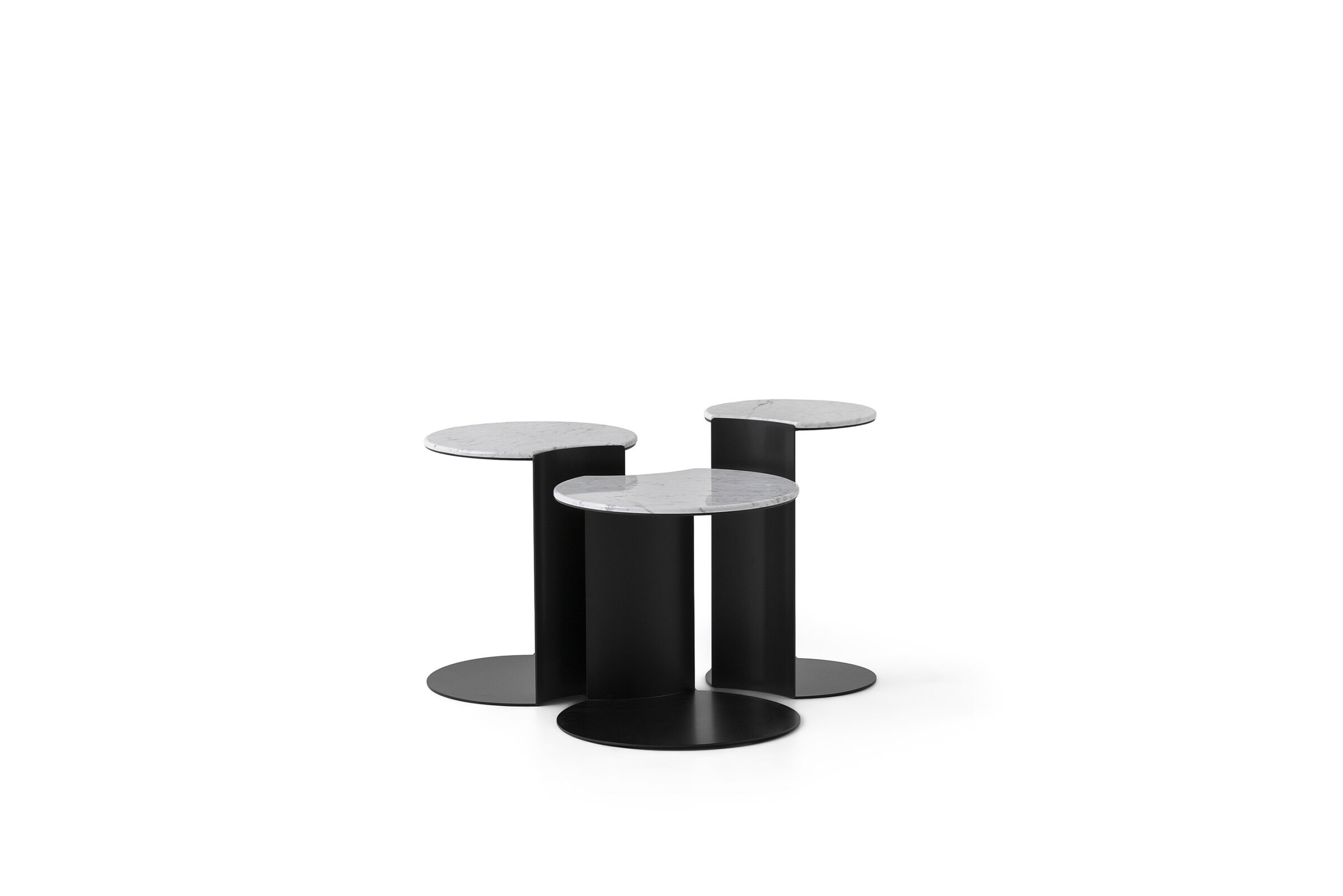 Contemporary multi-table coffee set with black bases and white marble tops, ideal for stylish living spaces and modern interiors.