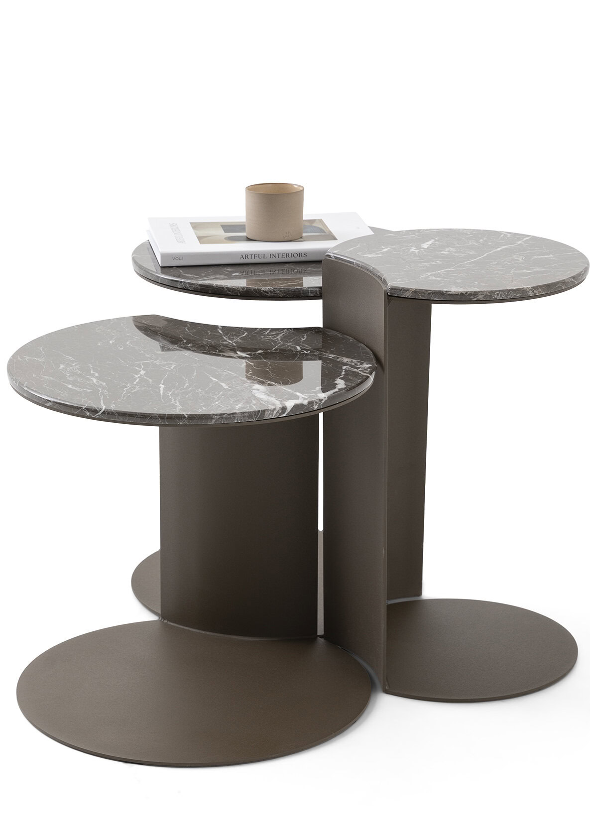 Set of three modern side tables with marble tops and metal bases, ideal for contemporary living spaces and stylish home decor.