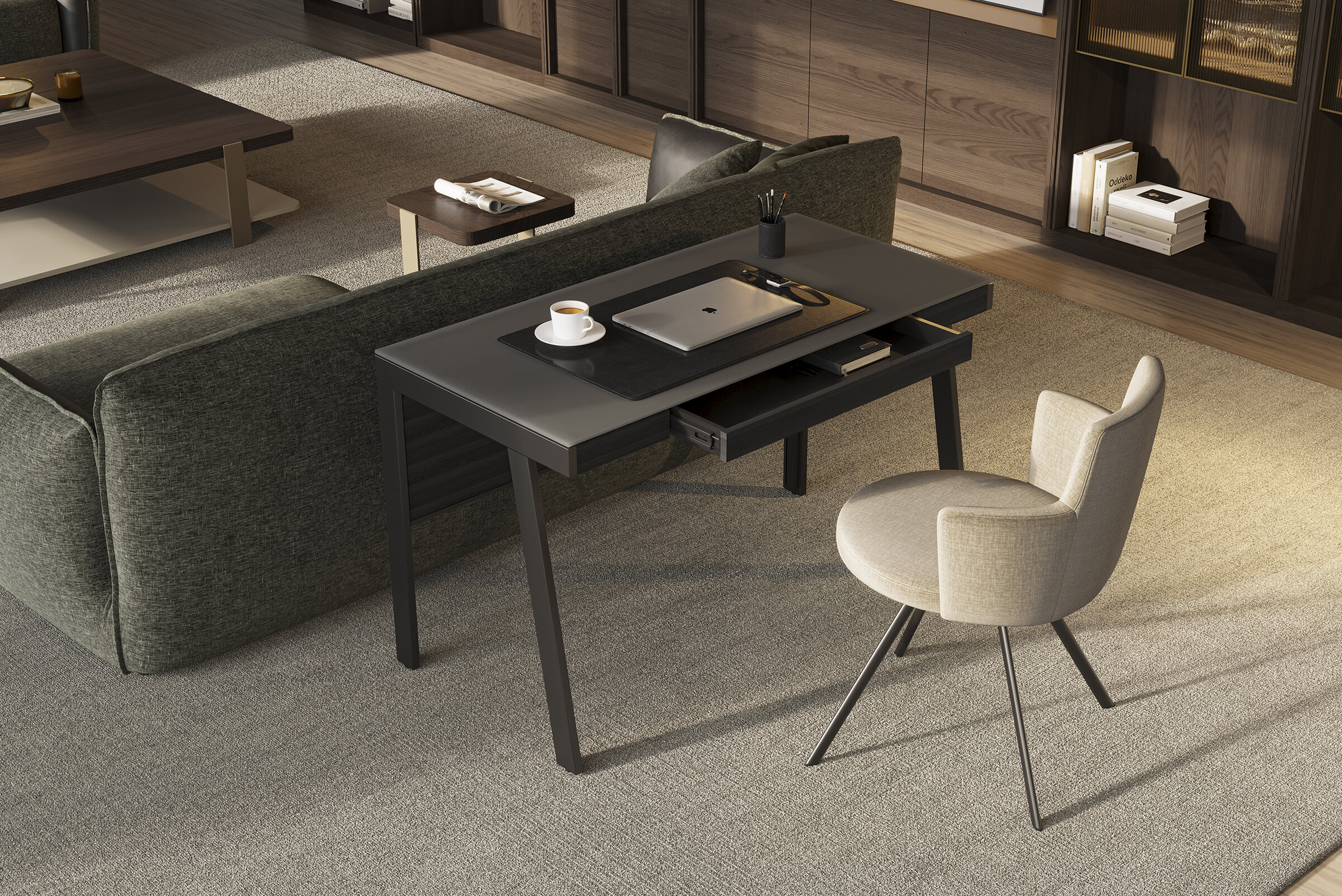 Contemporary black desk with a laptop, coffee cup, and office supplies in a stylish living room.