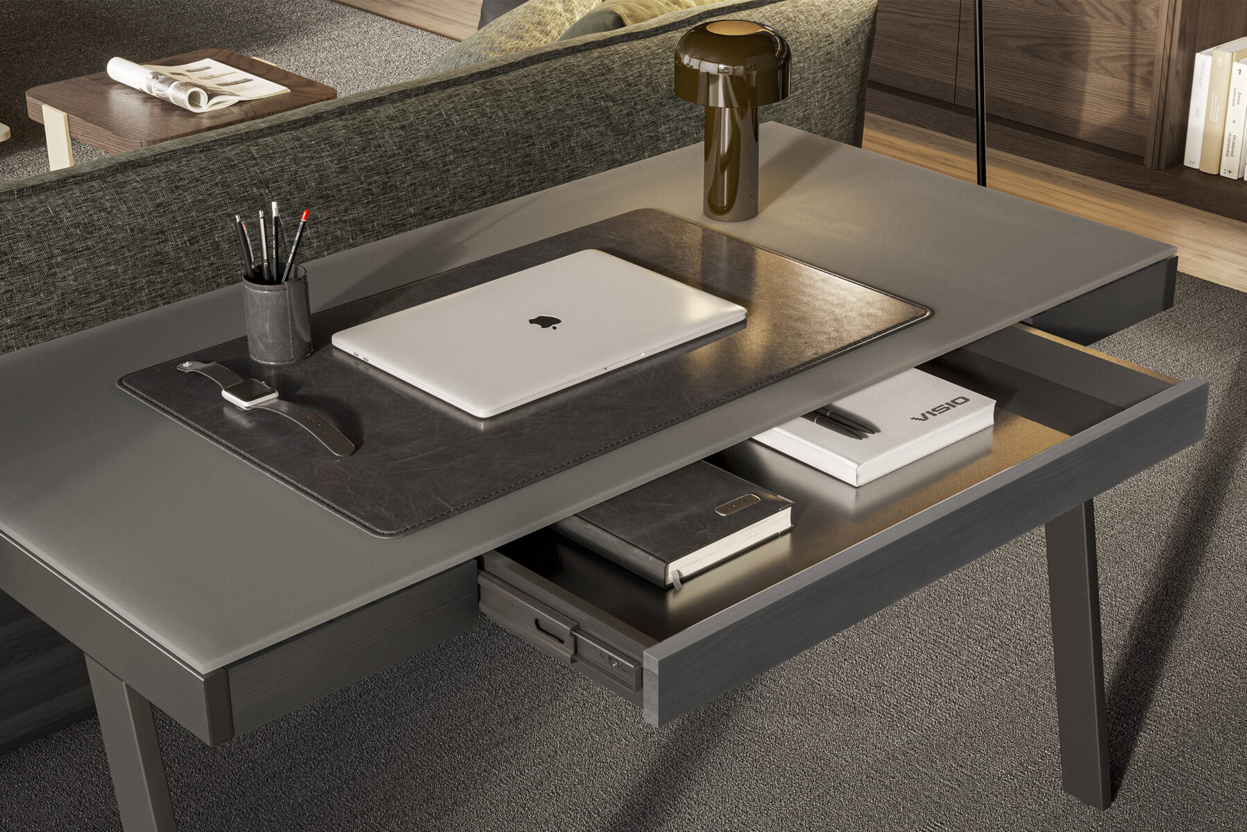 Contemporary office desk with sleek design, featuring a laptop, desk organizer, and decorative lamp, perfect for a stylish workspace.